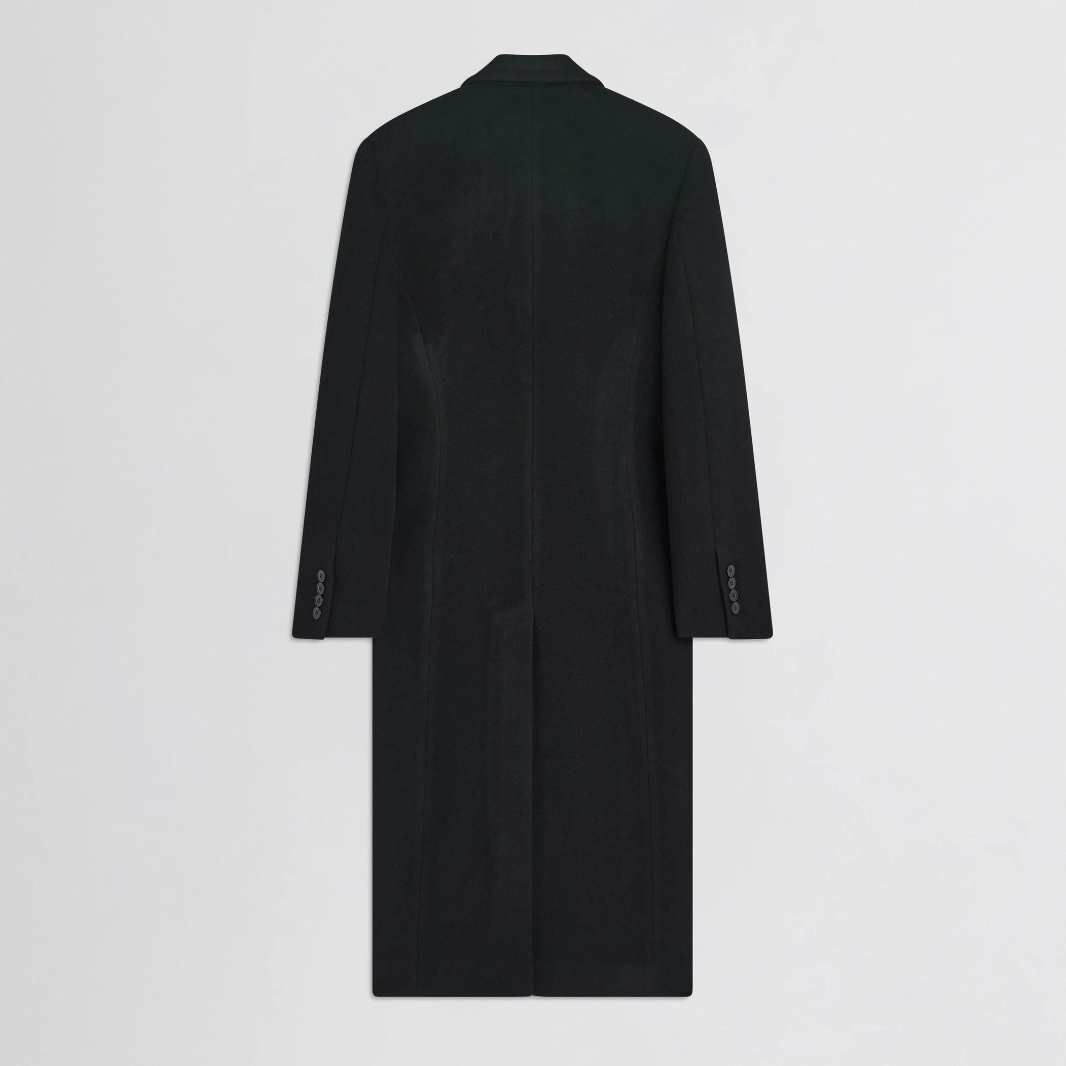 Flat back view of classic coat in black cashmere.