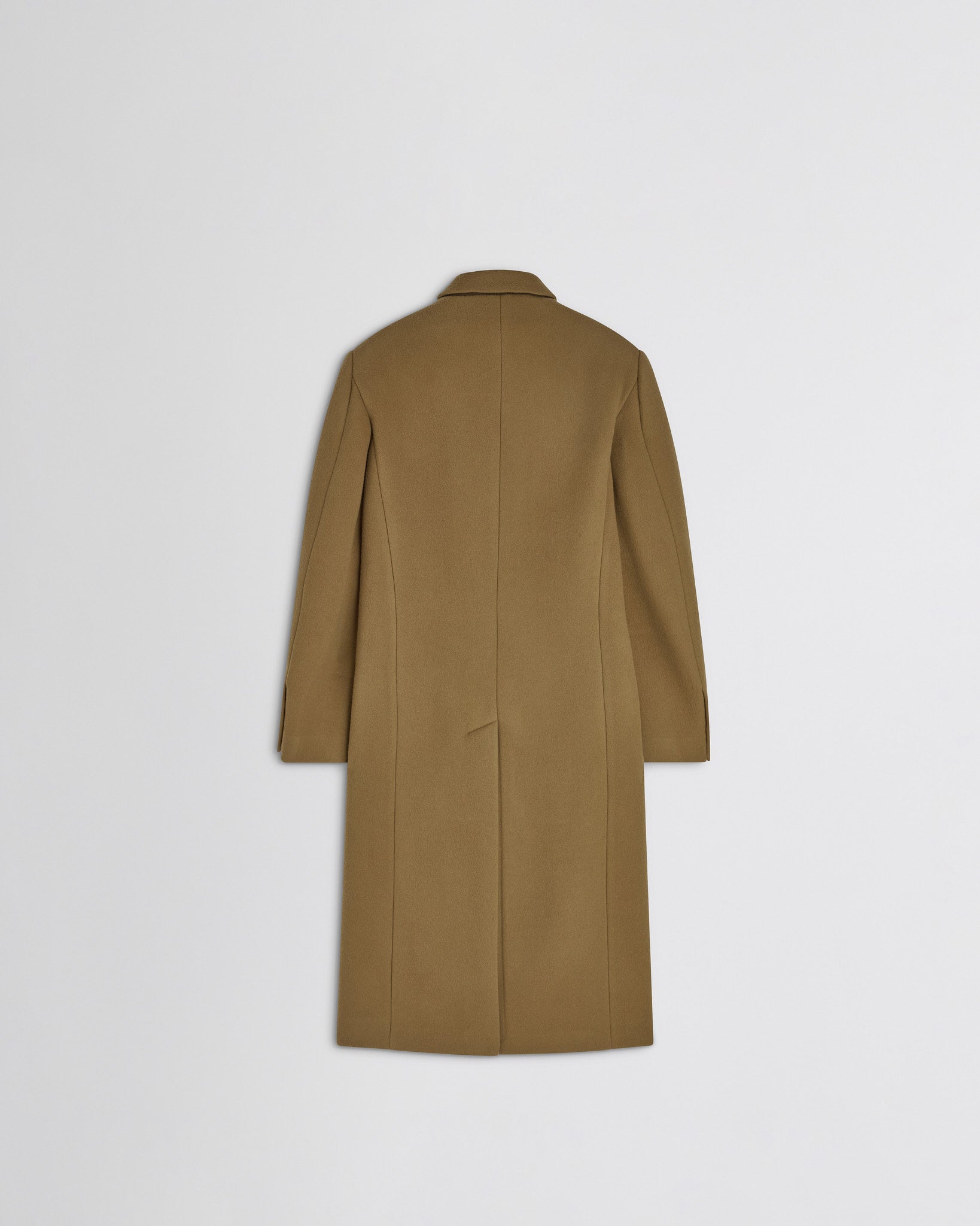 Flat back view of man's coat in tobacco cashmere