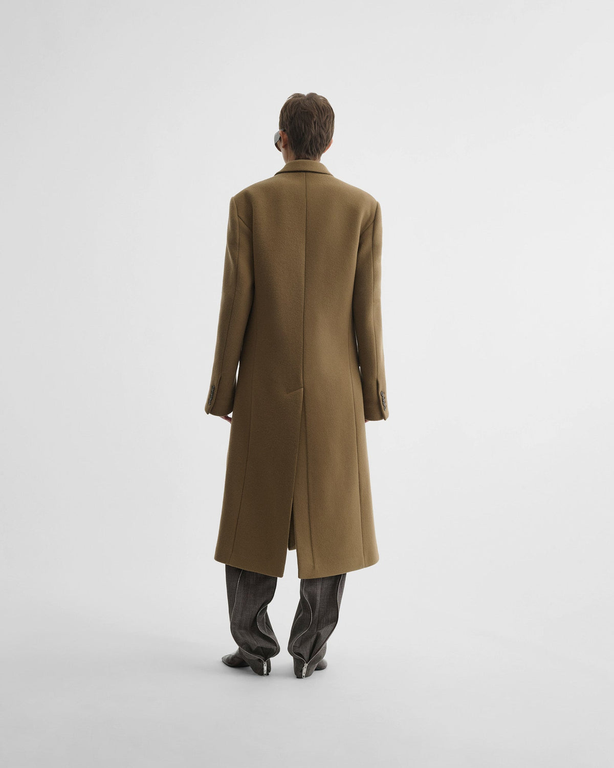 Back view of model wearing MAN'S COAT in tobacco cashmere