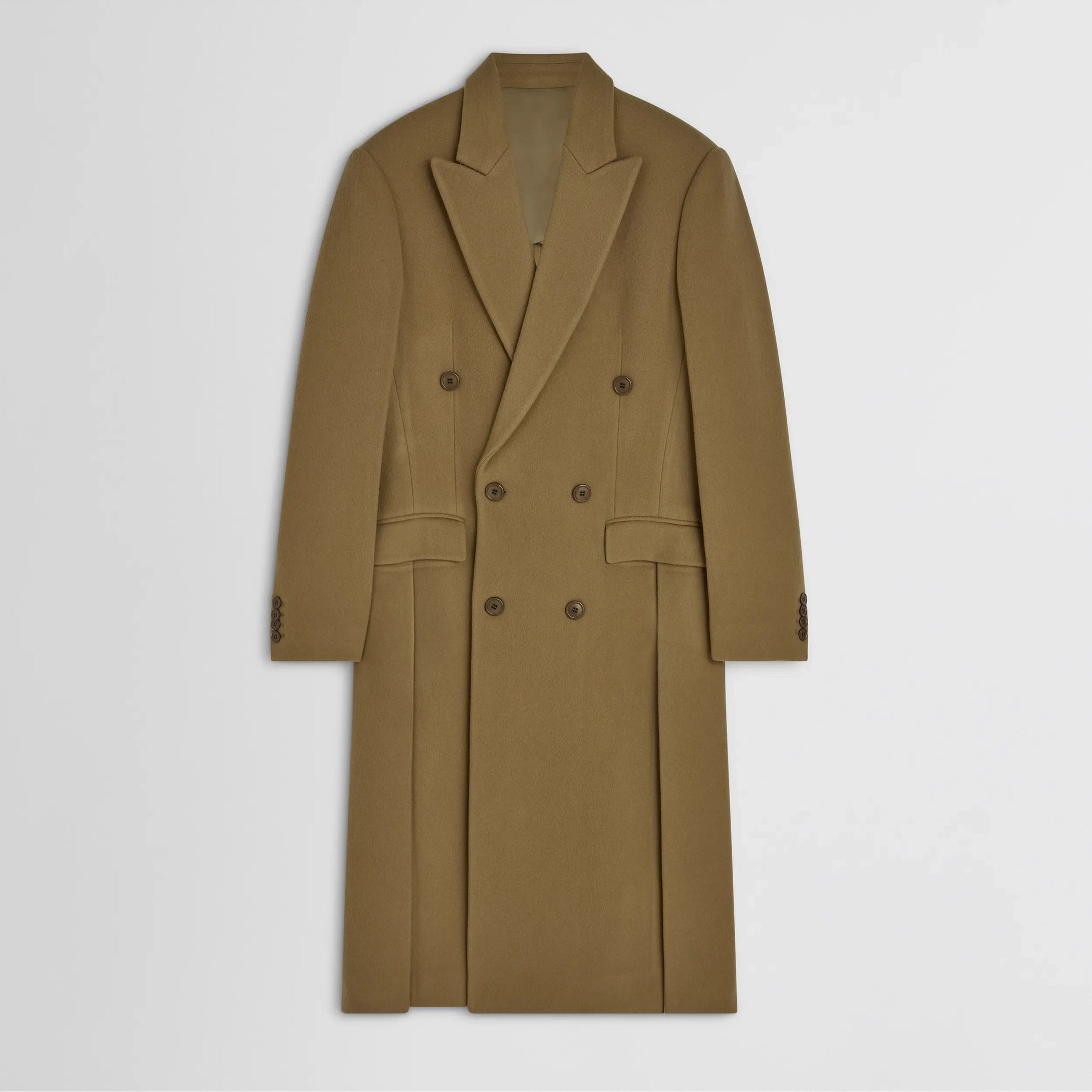 Flat front view of man&#39;s coat in tobacco cashmere