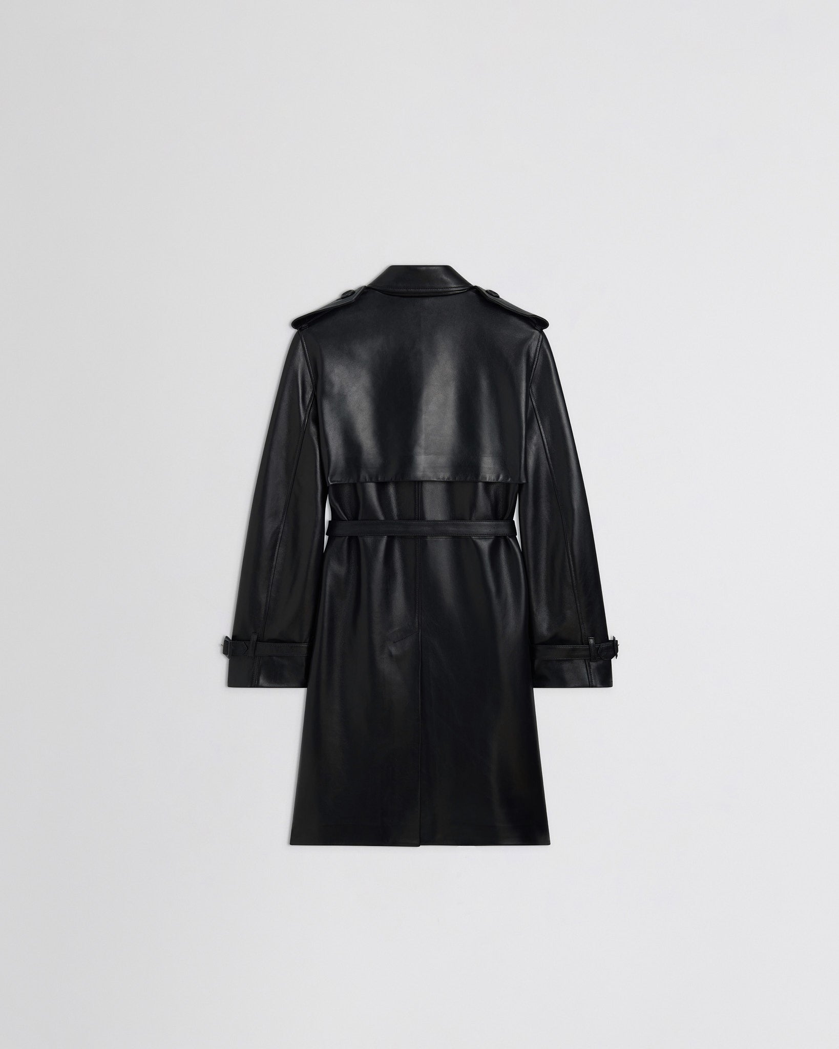 Front back view of wearing Short Trench in black leather