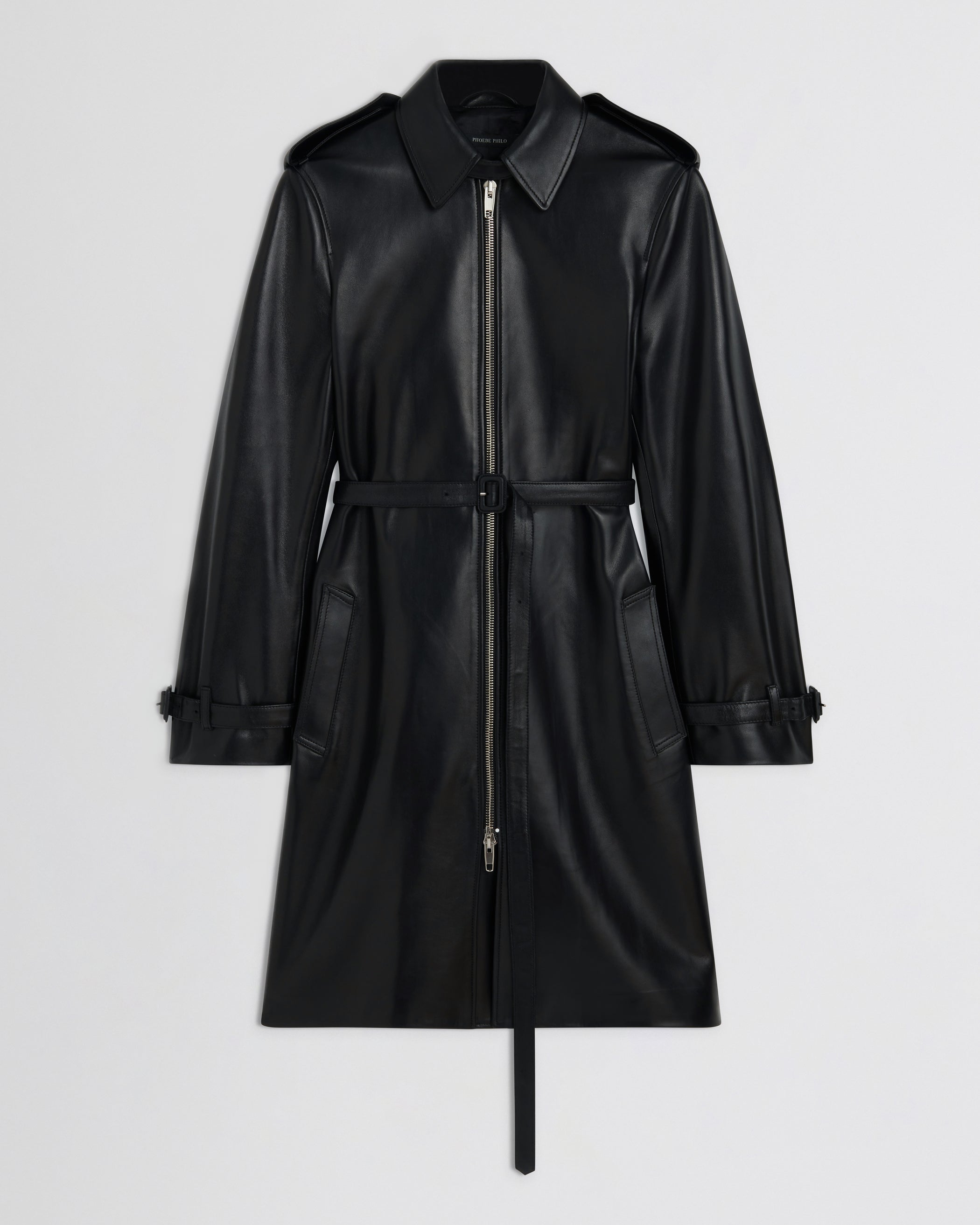 Flat front view of Short Trench in black leather