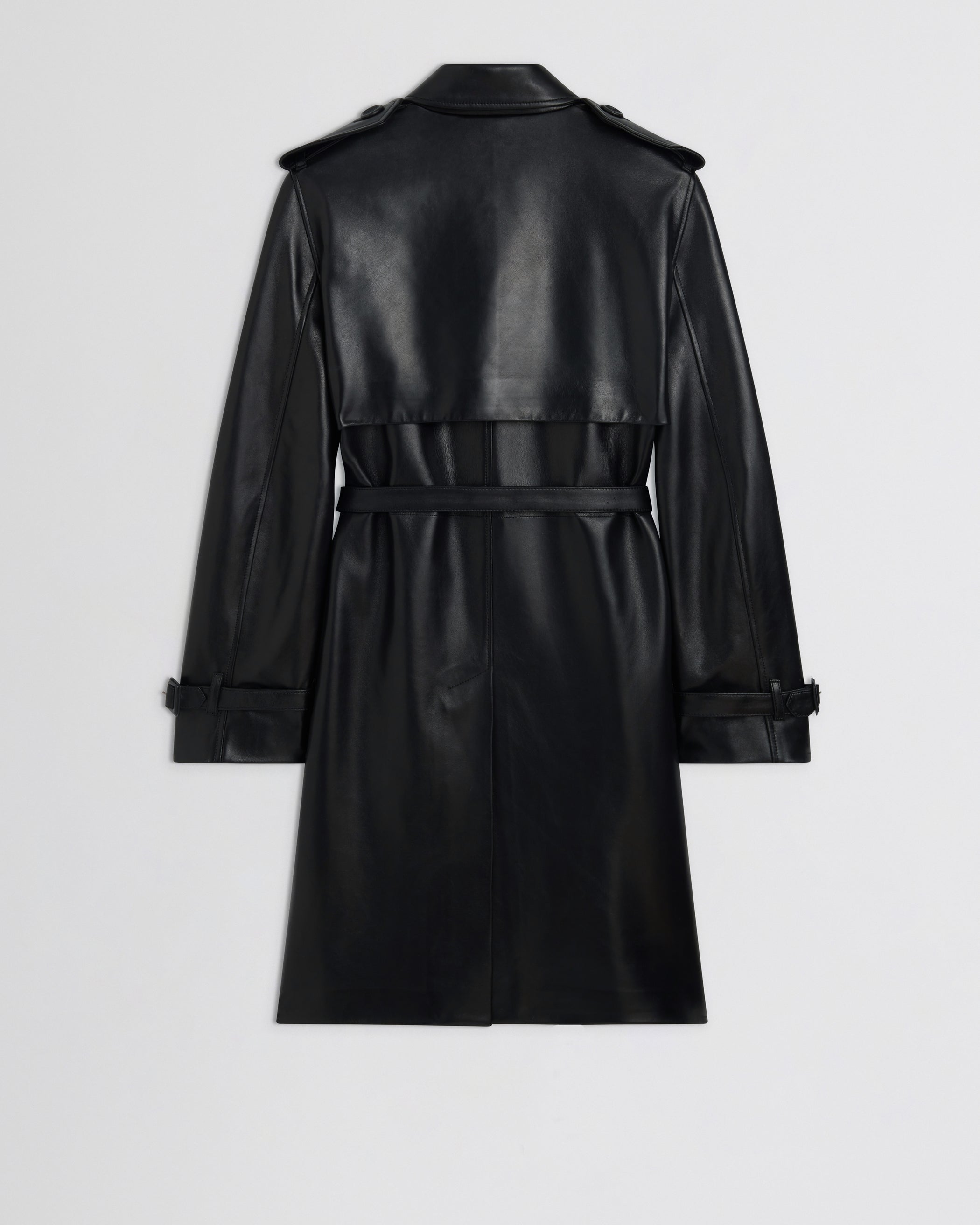 Flat back view of Short Trench in black leather
