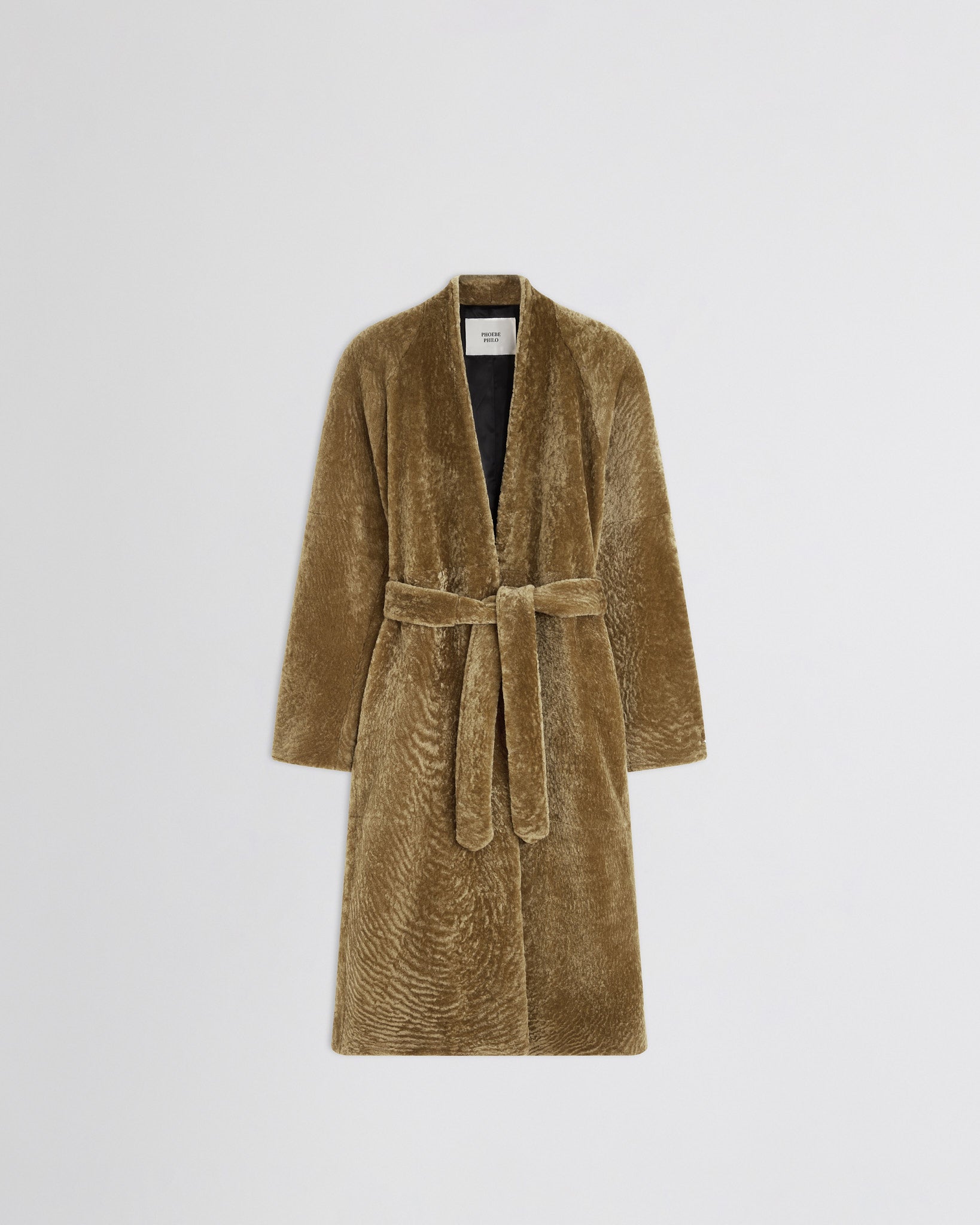 Flat front view of Shaved Robe Coat in tabac shearling