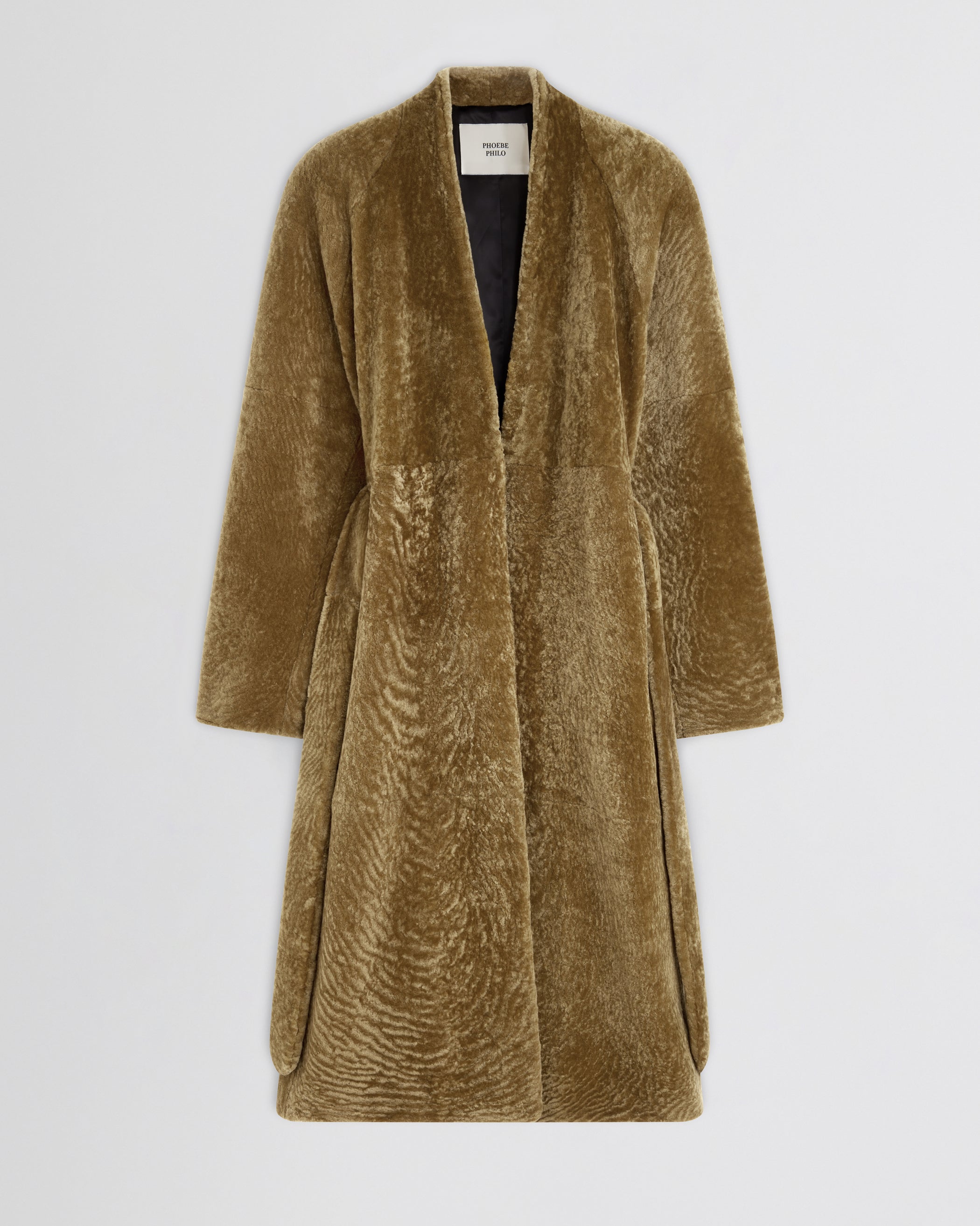 Flat front view of Shaved Robe Coat in tabac shearling