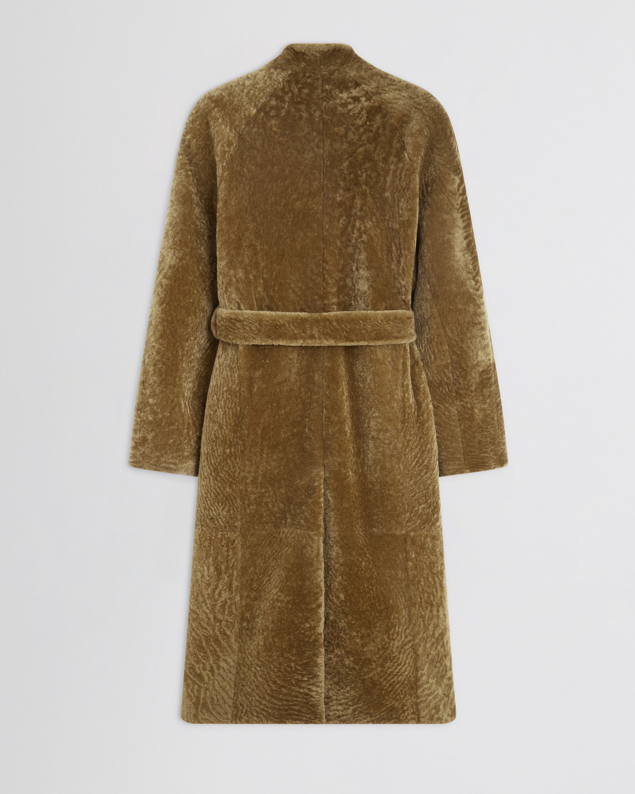 Flat back view of Shaved Robe Coat in tabac shearling