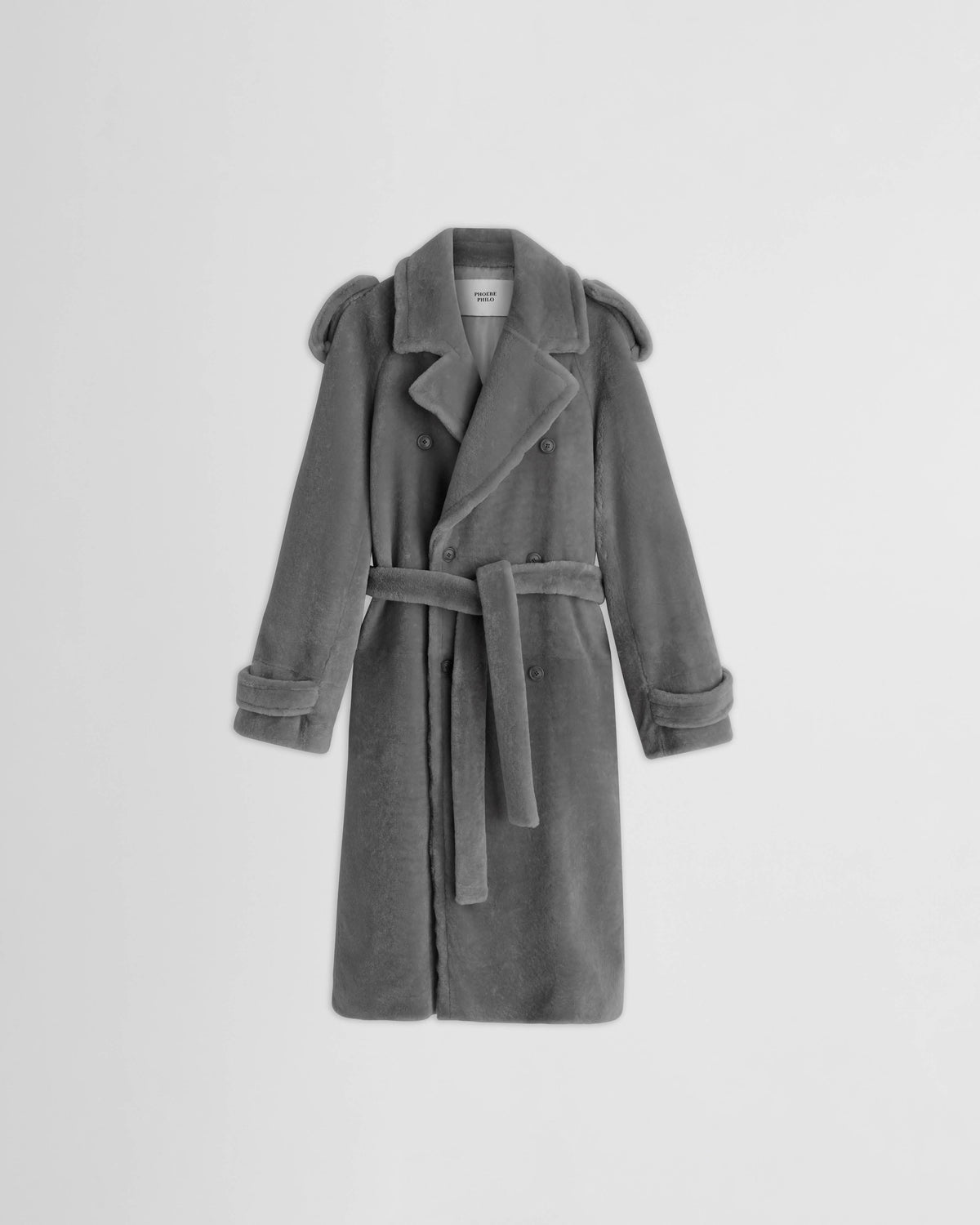 Flat front view of TEDDY TRENCH COAT in grey shearling