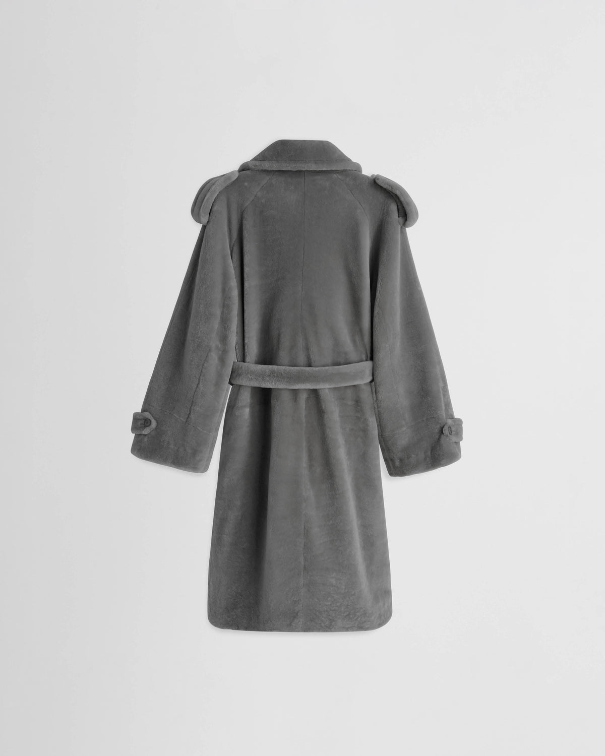 Flat back view of TEDDY TRENCH COAT in grey shearling