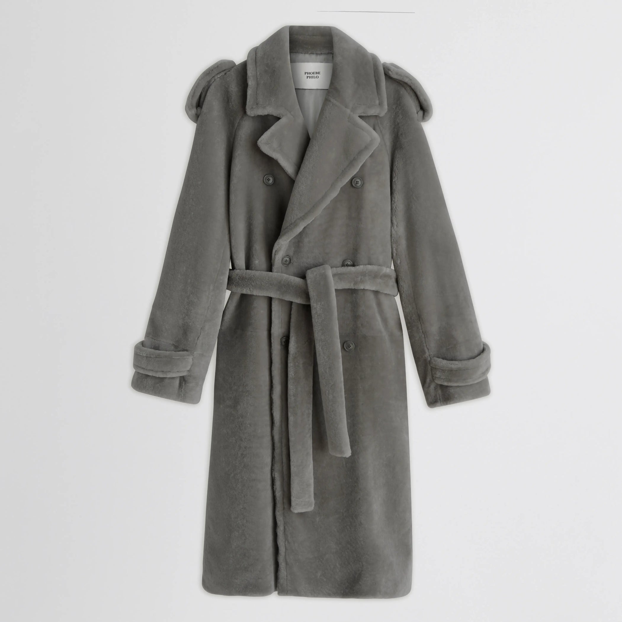 Flat lay front view of teddy trench coat in grey 