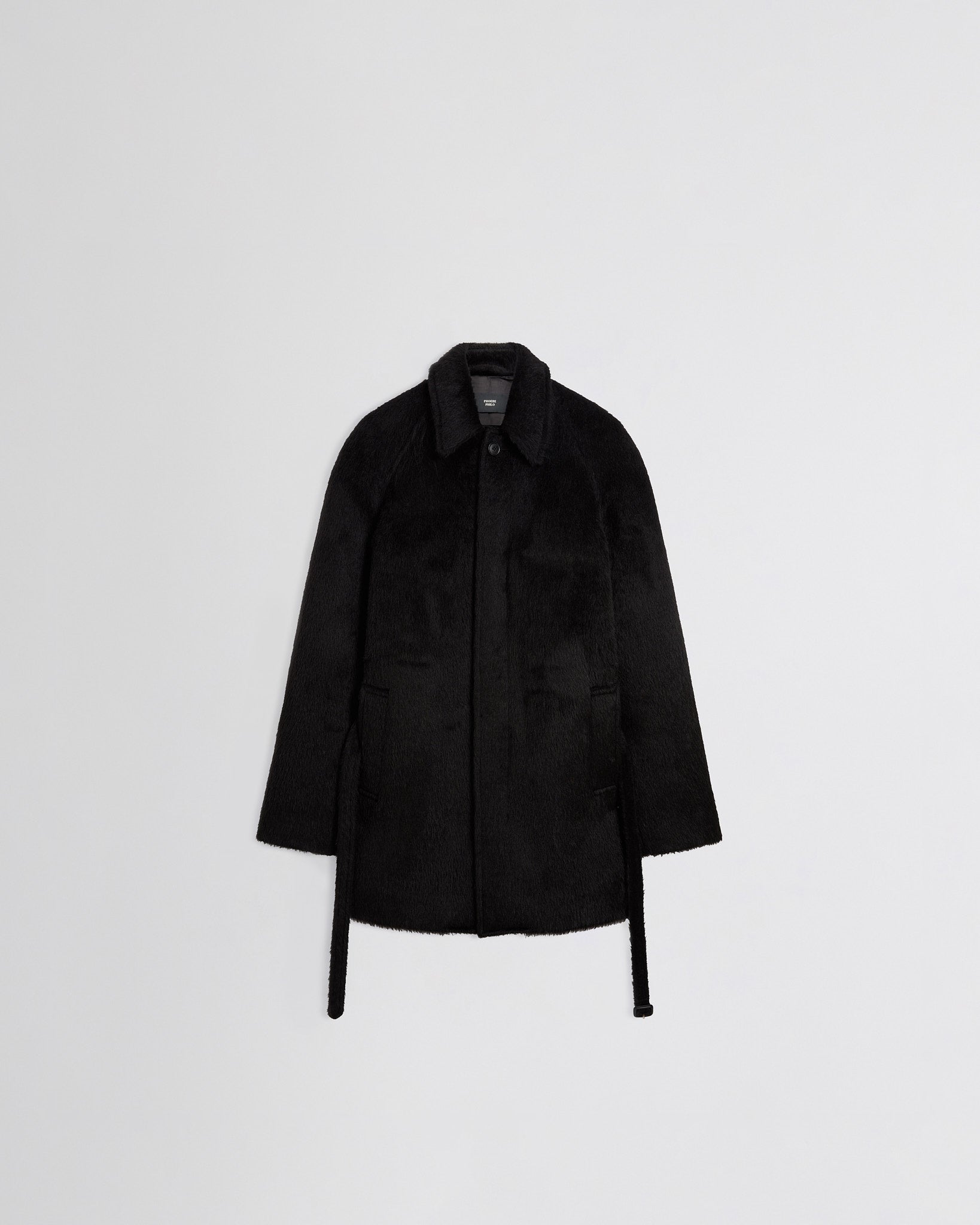 Front flat view of Cropped Car Coat in black alpaca wool