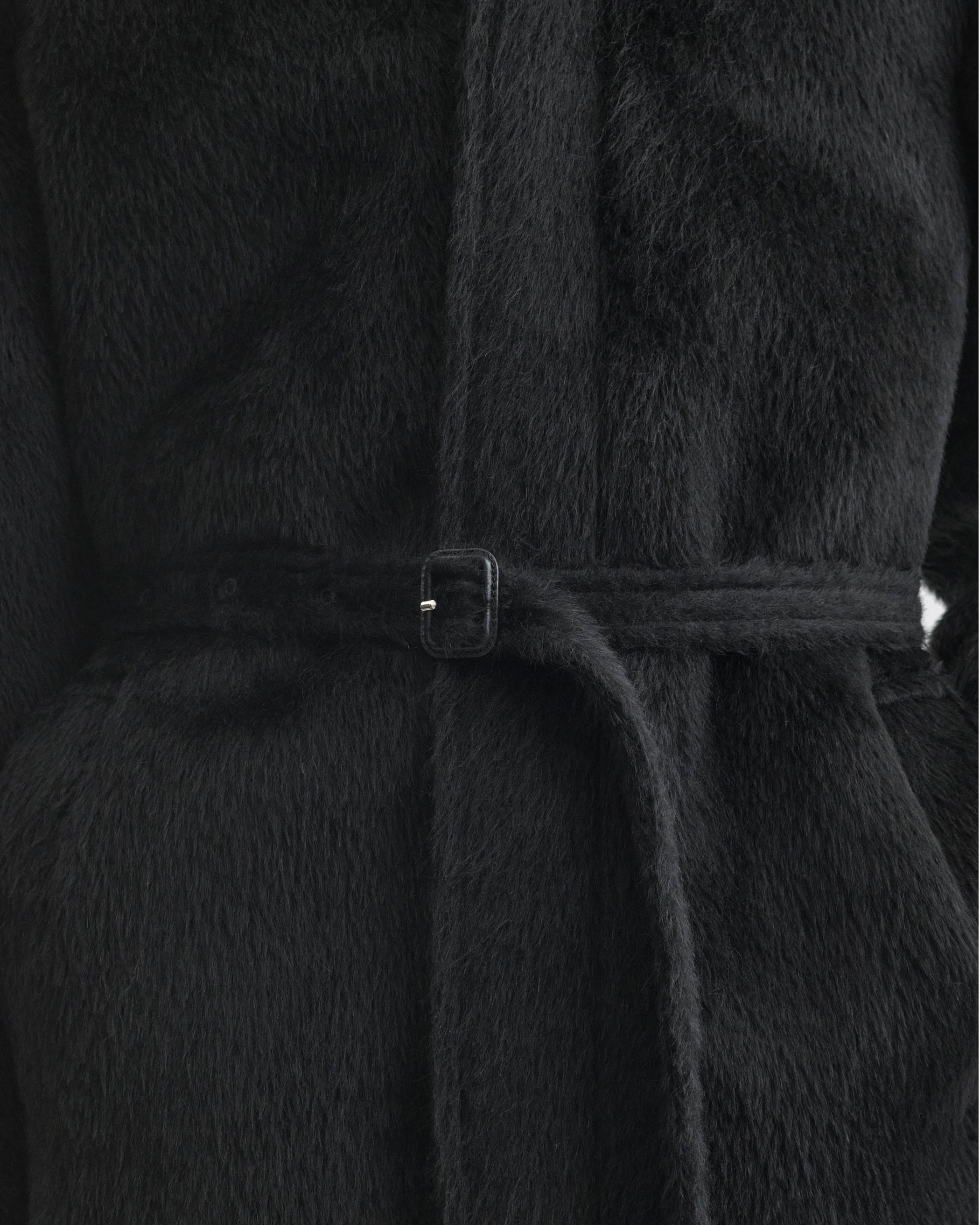 Close up detail view of Cropped Car Coat in black alpaca wool