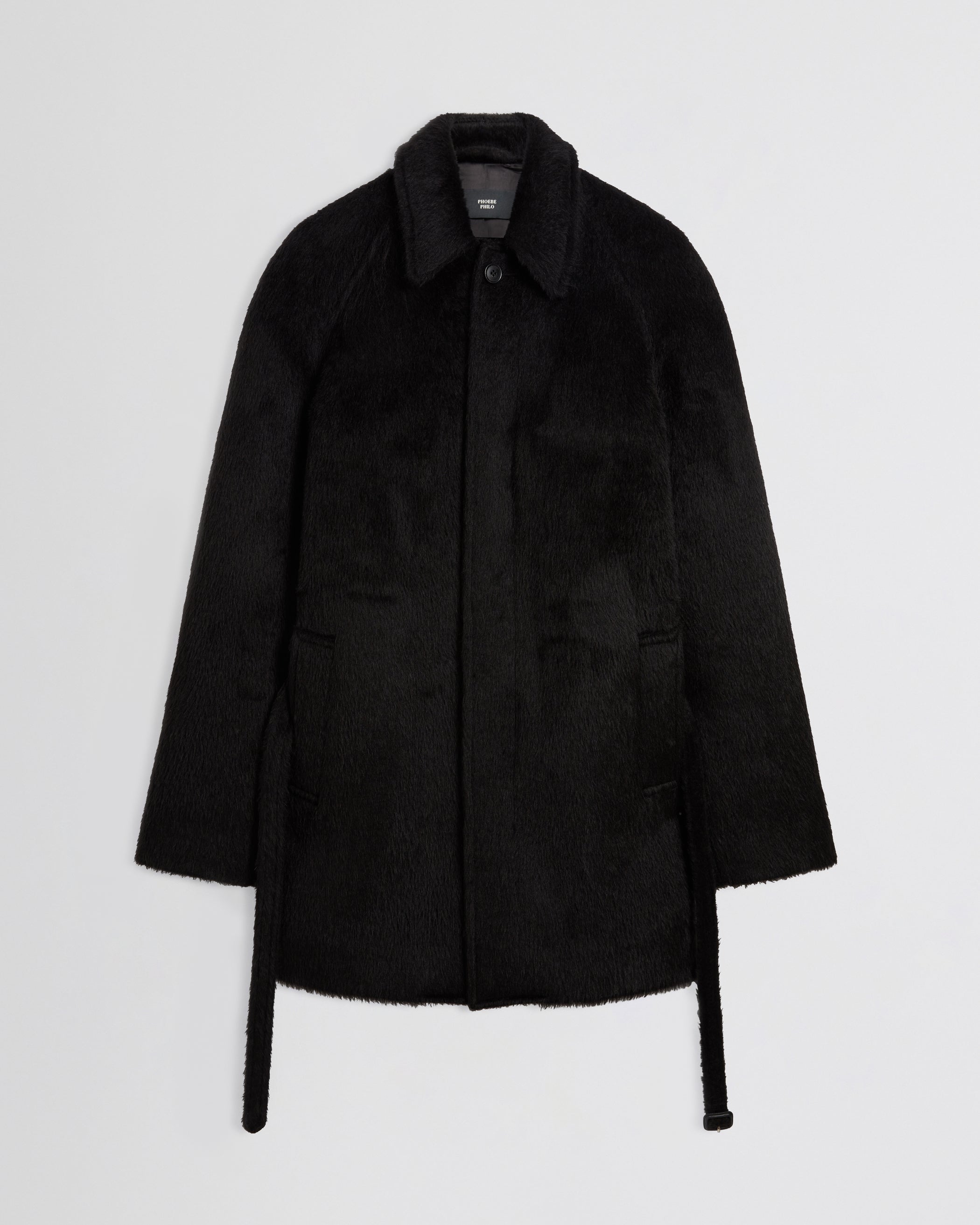 Flat front view of Cropped Car Coat in black alpaca wool