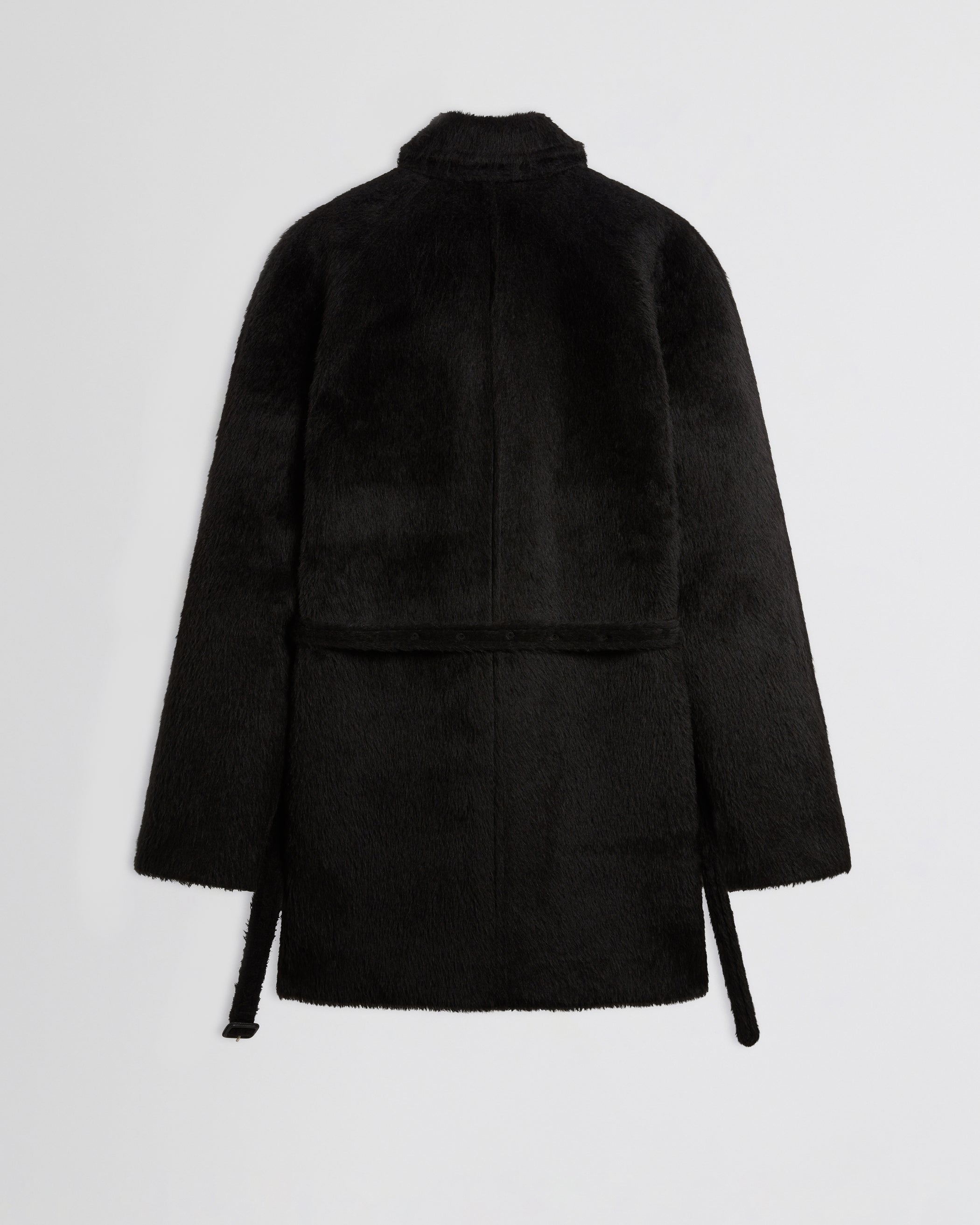 Flat back view of Cropped Car Coat in black alpaca wool