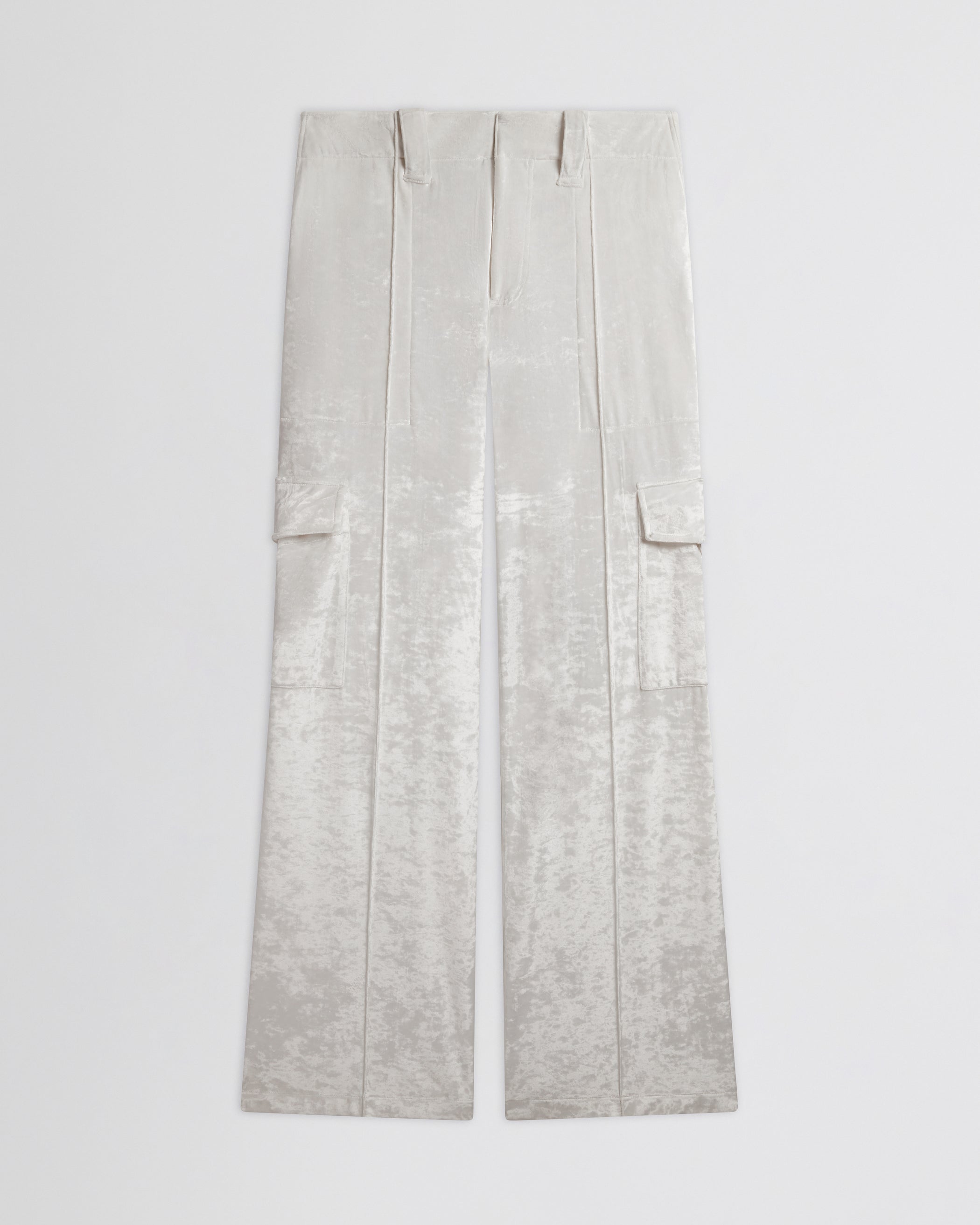 Flat front view of LIQUID CARGO TROUSERS  in white crushed velvet