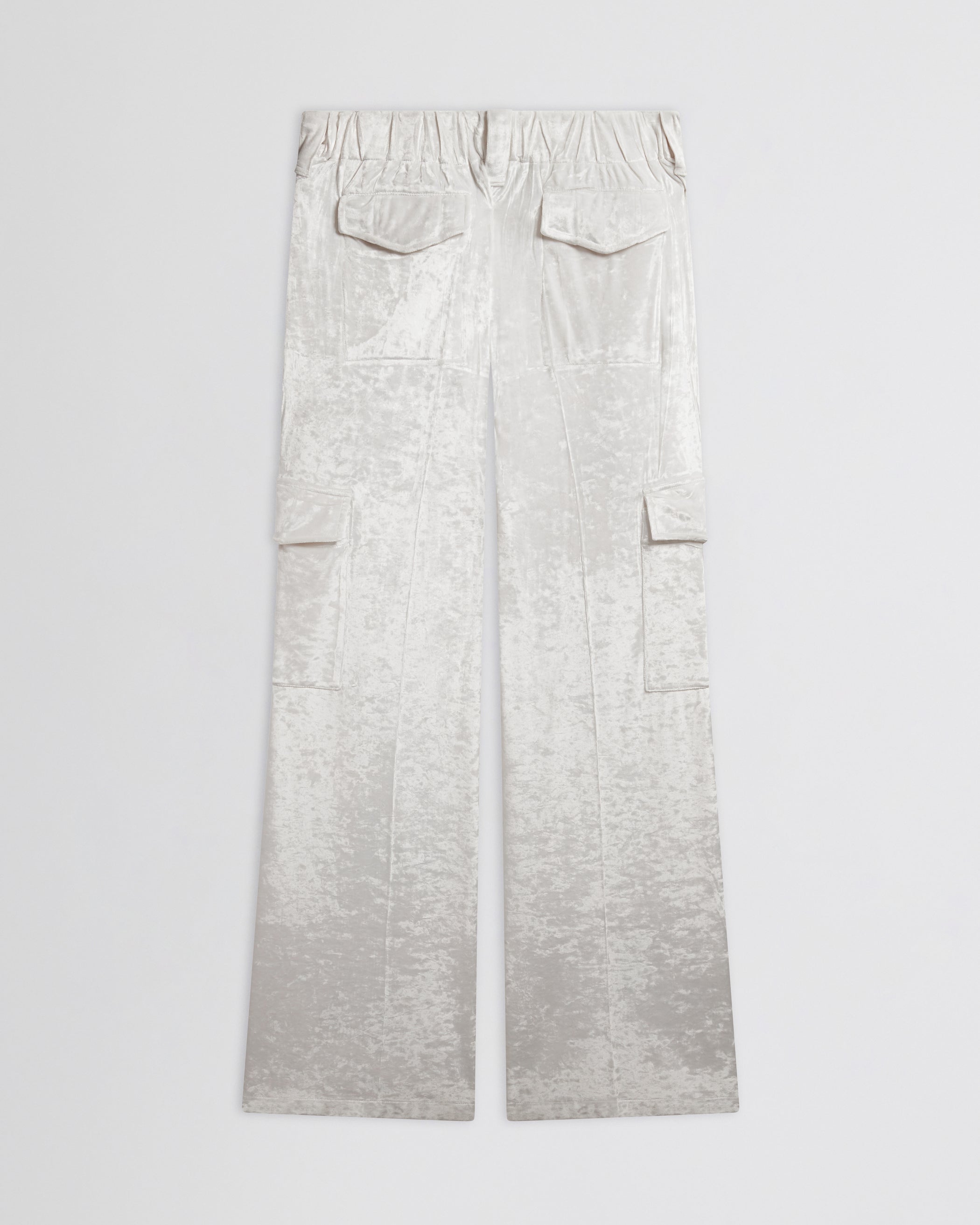Flat back view of LIQUID CARGO TROUSERS  in white crushed velvet