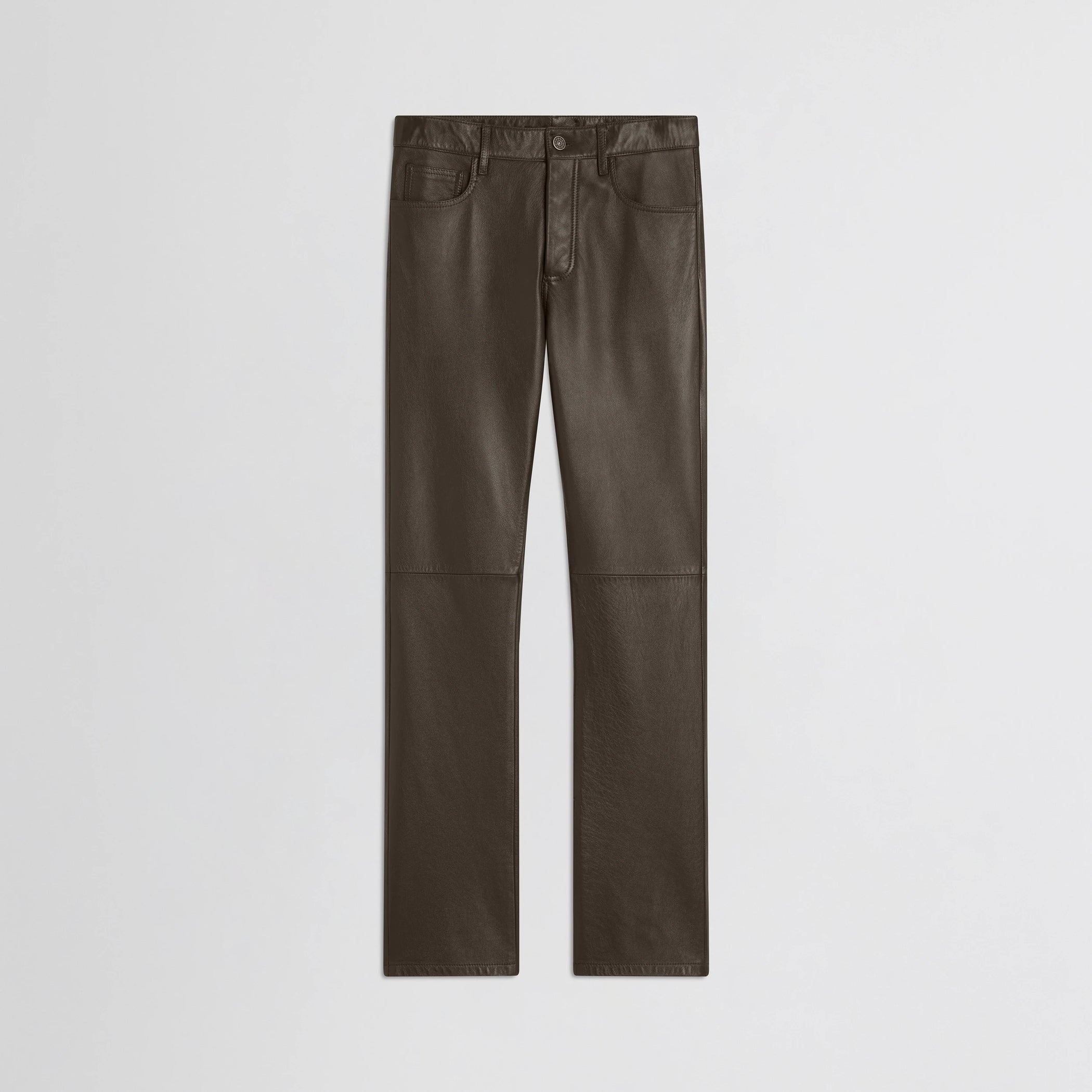 Flat front view of straight leg jeans in green bronze leather.