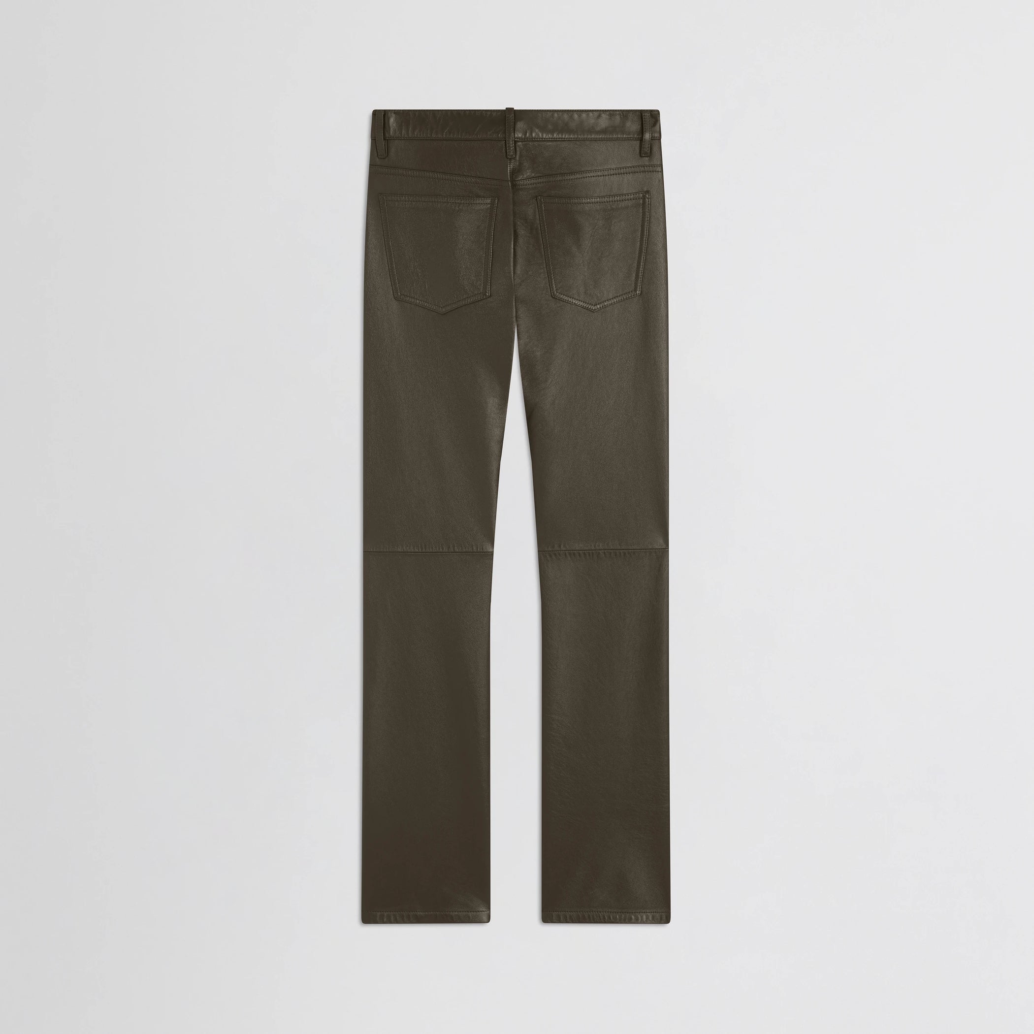 Flat back view of straight leg jeans in green bronze leather.