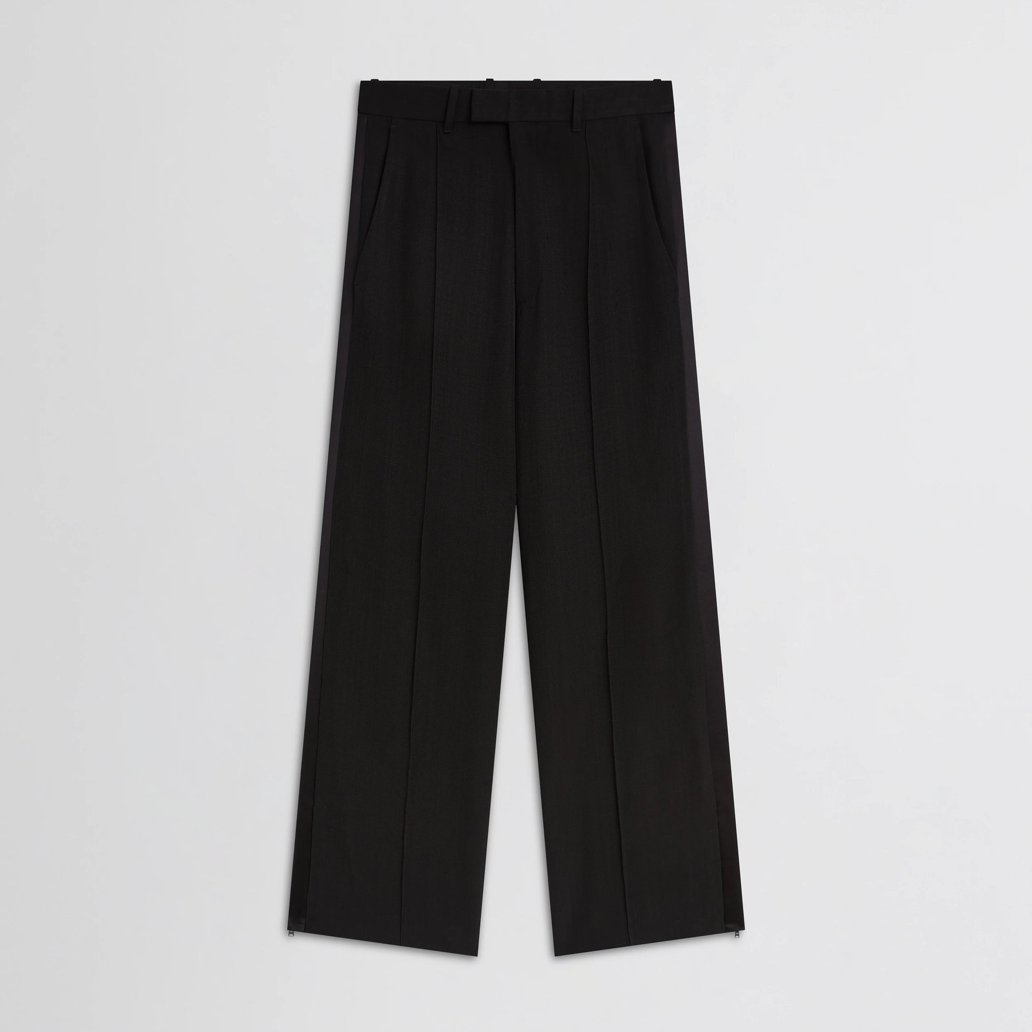 Flat front view of split tux trousers in black wool.