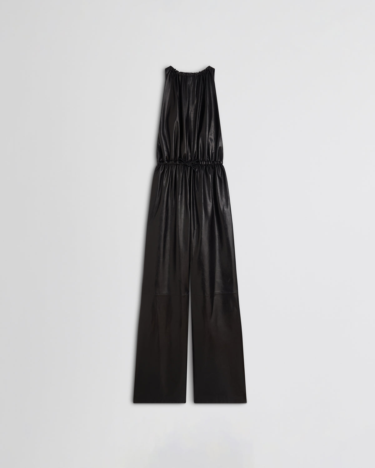 Flat front view of drawstring jumpsuit in black leather.