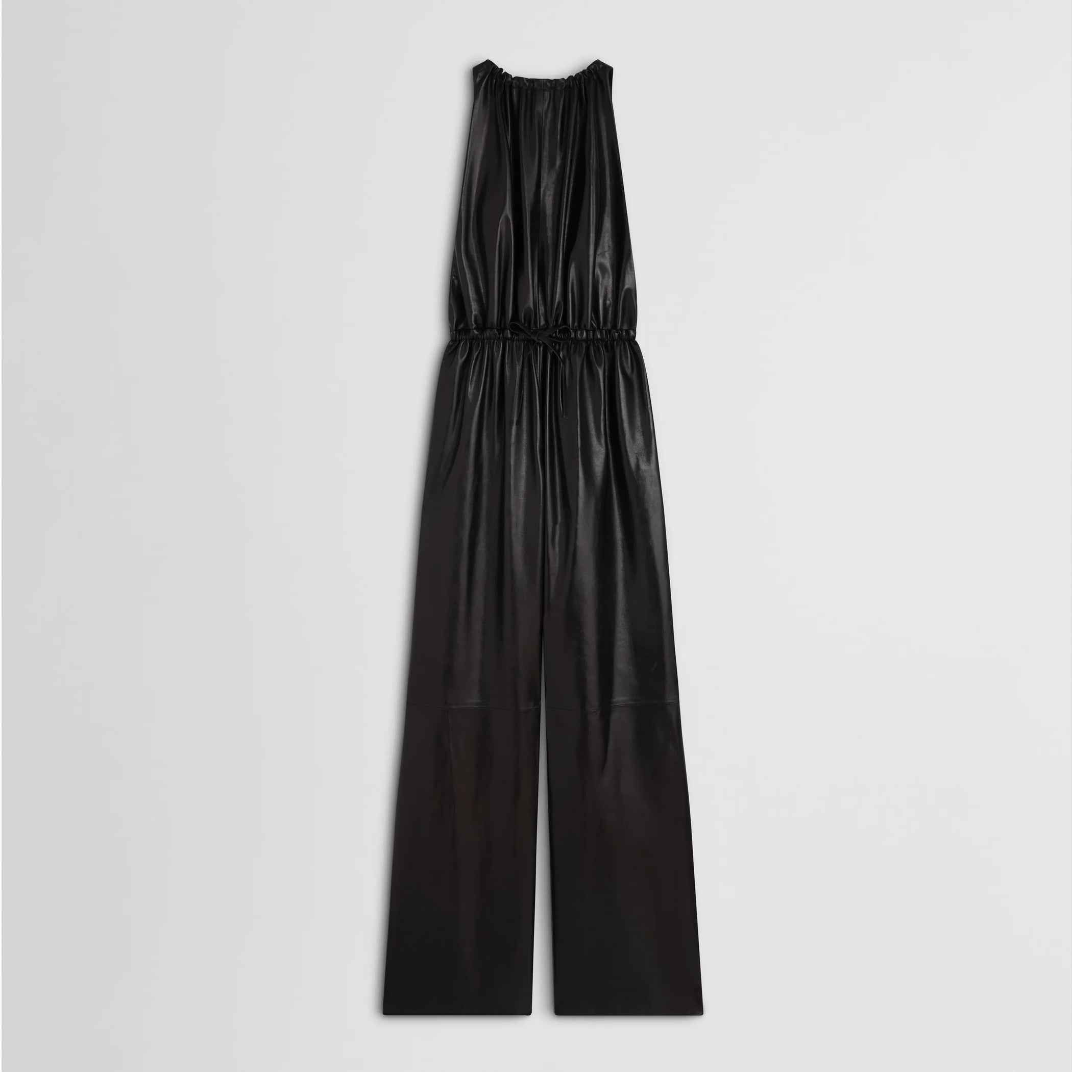 Flat front view of drawstring jumpsuit in black leather.