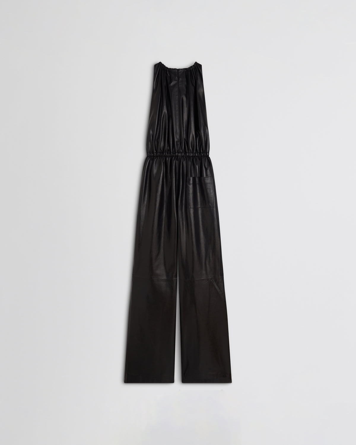 Flat back view of drawstring jumpsuit in black leather.