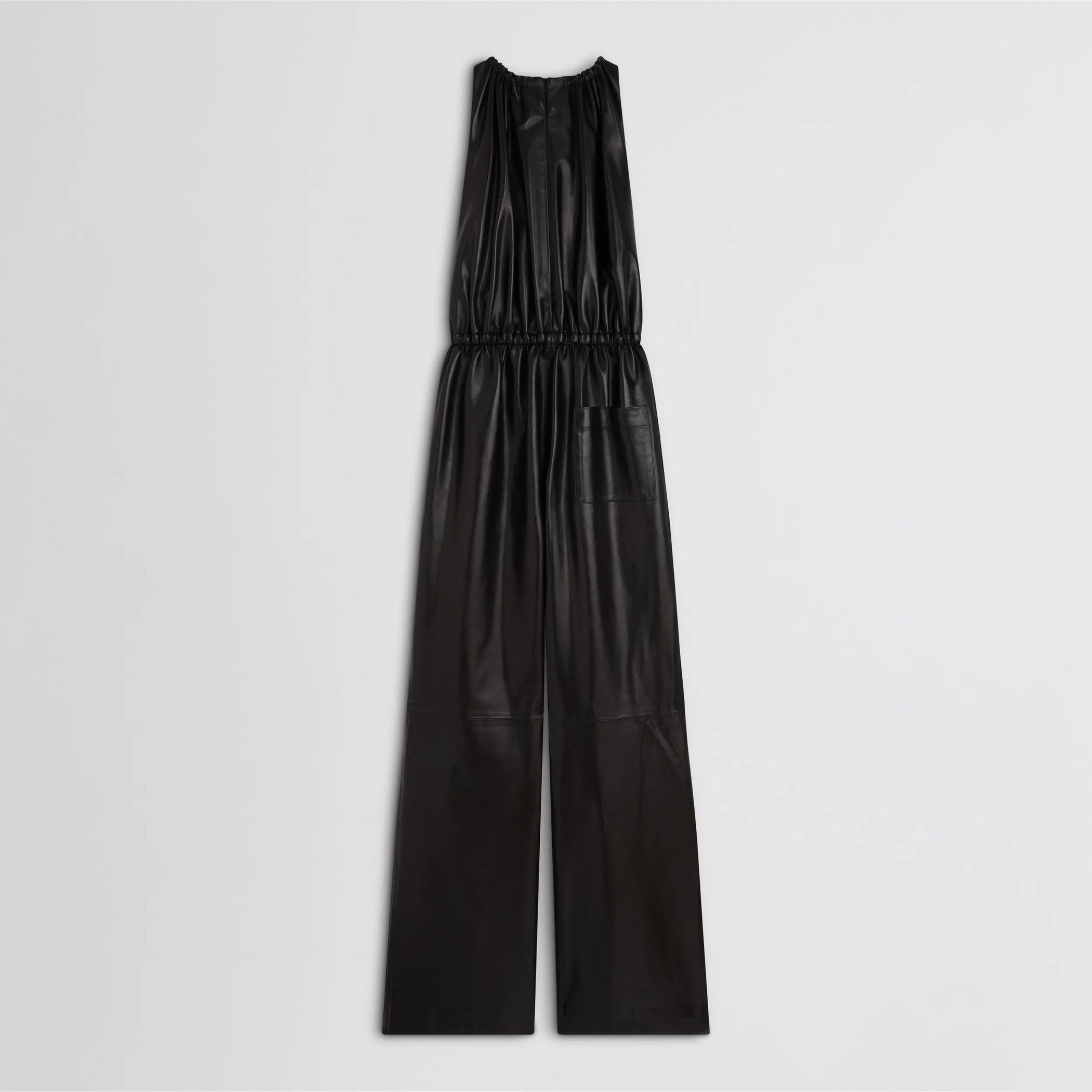 Flat back view of drawstring jumpsuit in black leather.