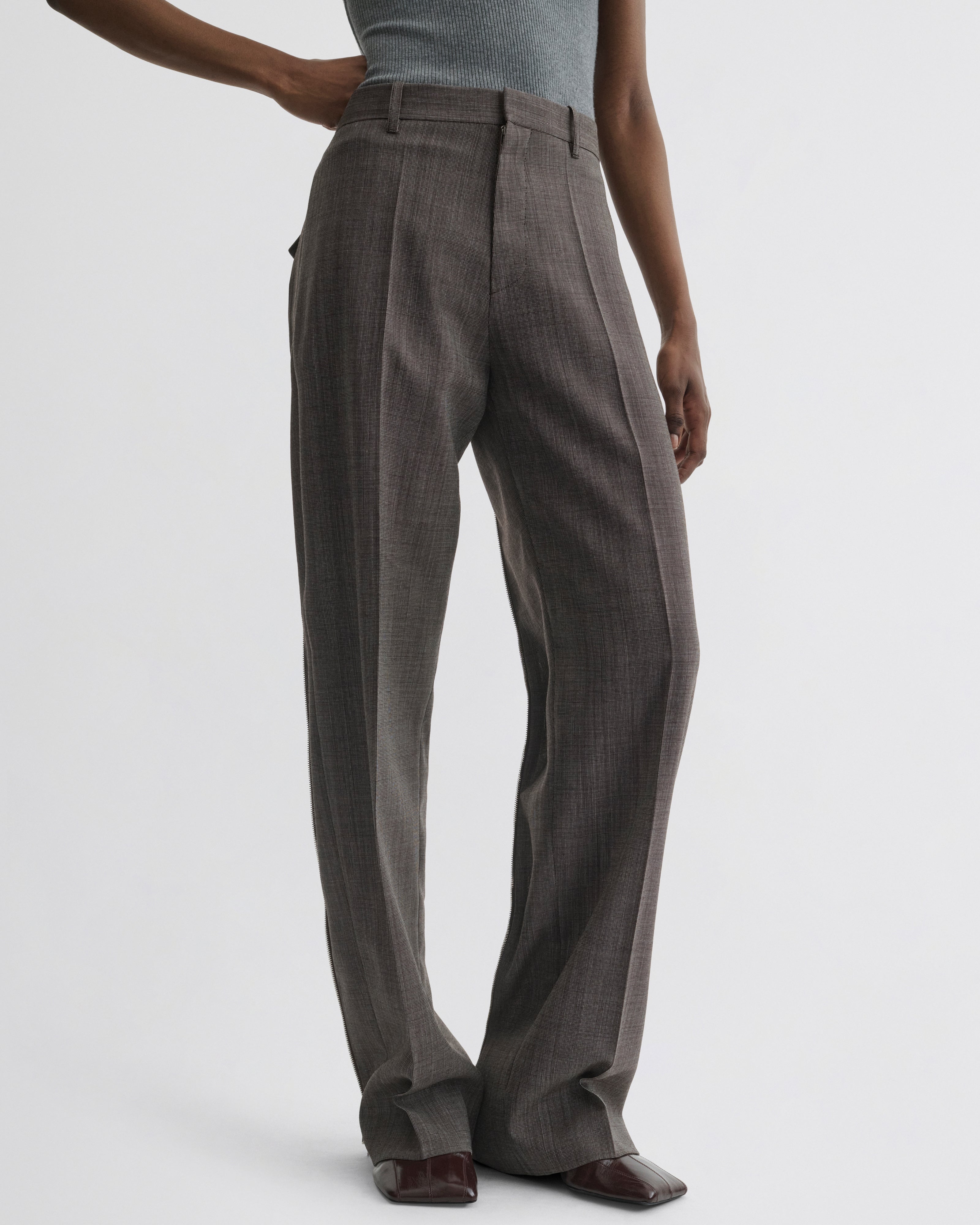 SPLIT ZIP TROUSERS | white dark brown wool