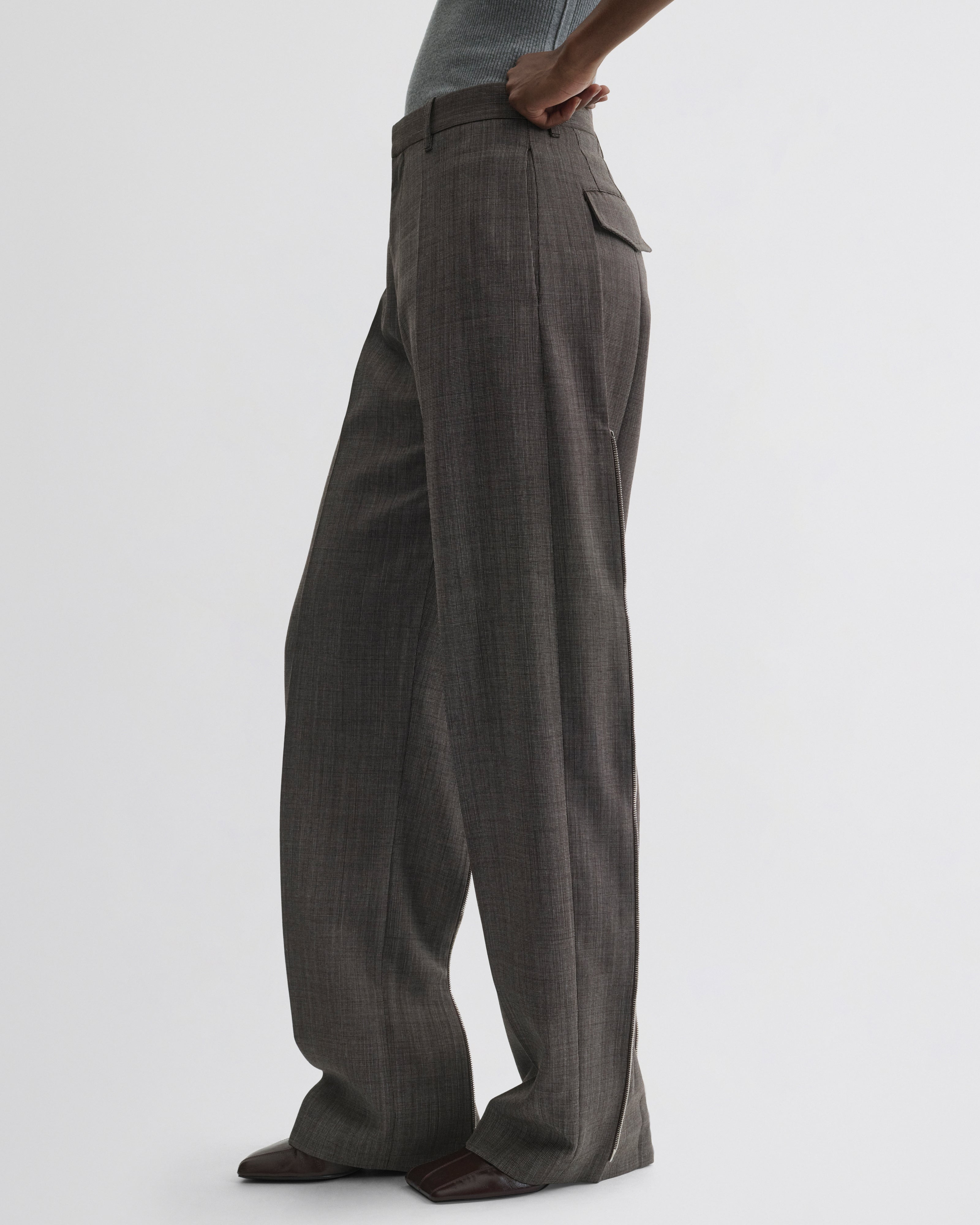 SPLIT ZIP TROUSERS | white dark brown wool