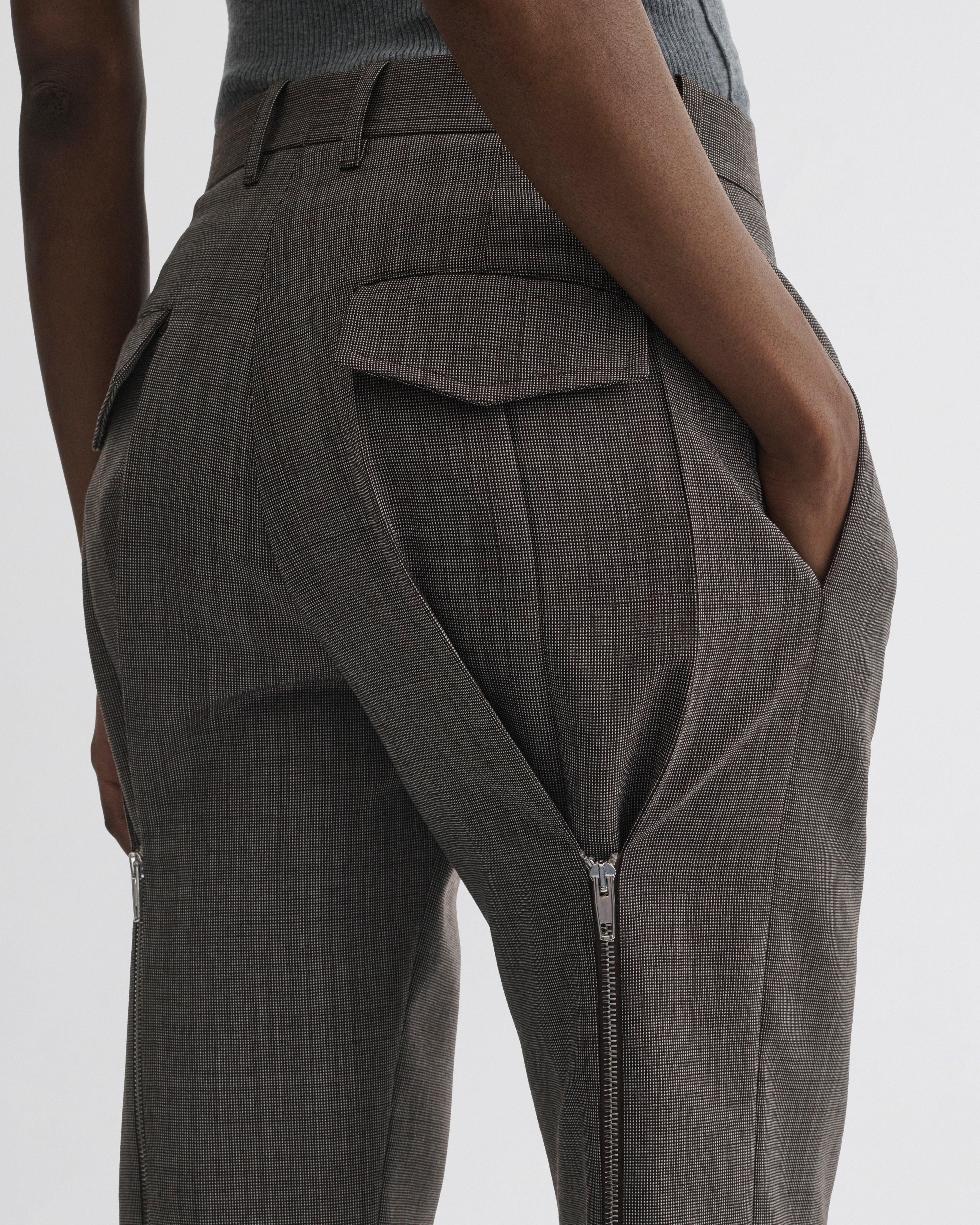 SPLIT ZIP TROUSERS | white dark brown wool