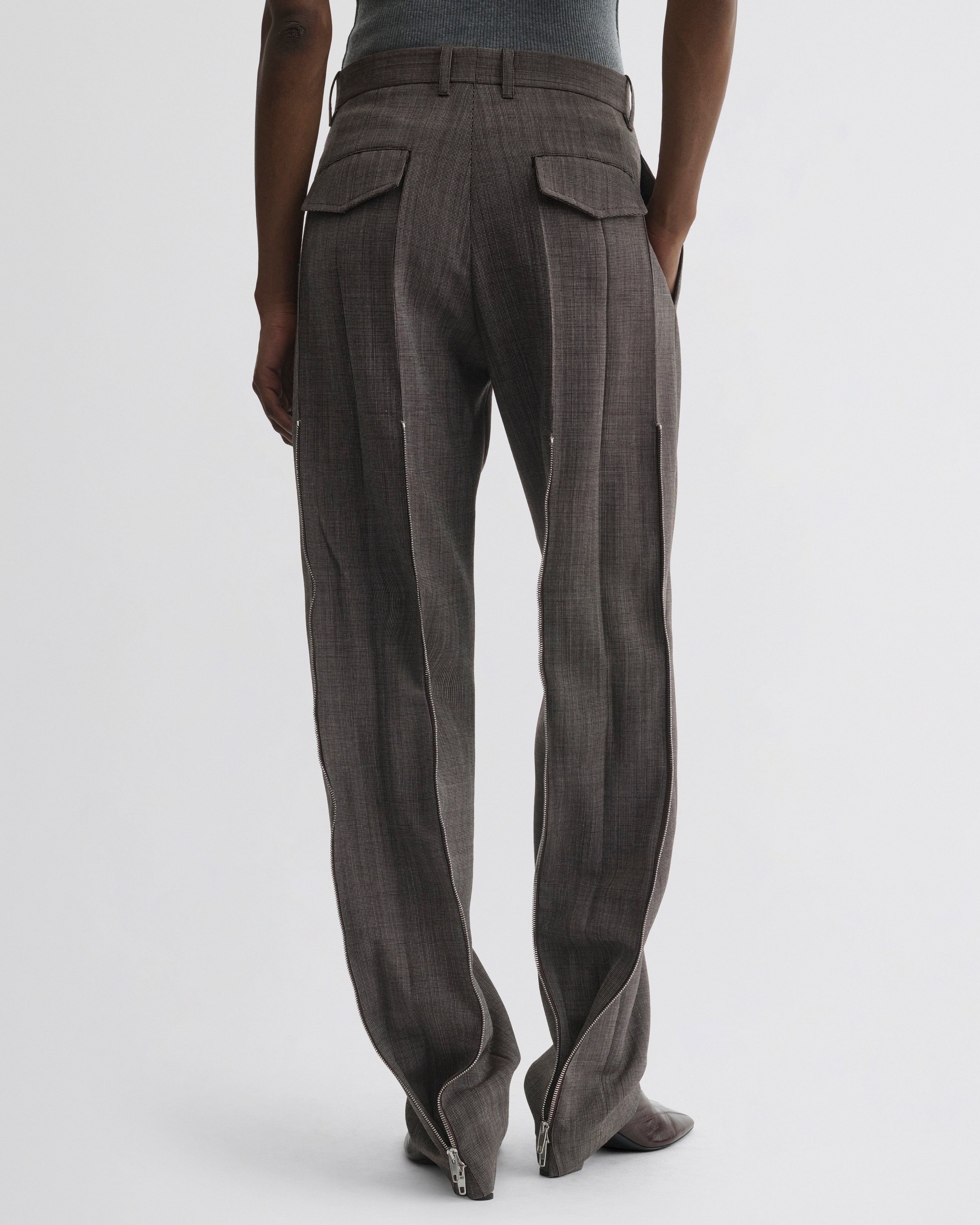 SPLIT ZIP TROUSERS | white dark brown wool
