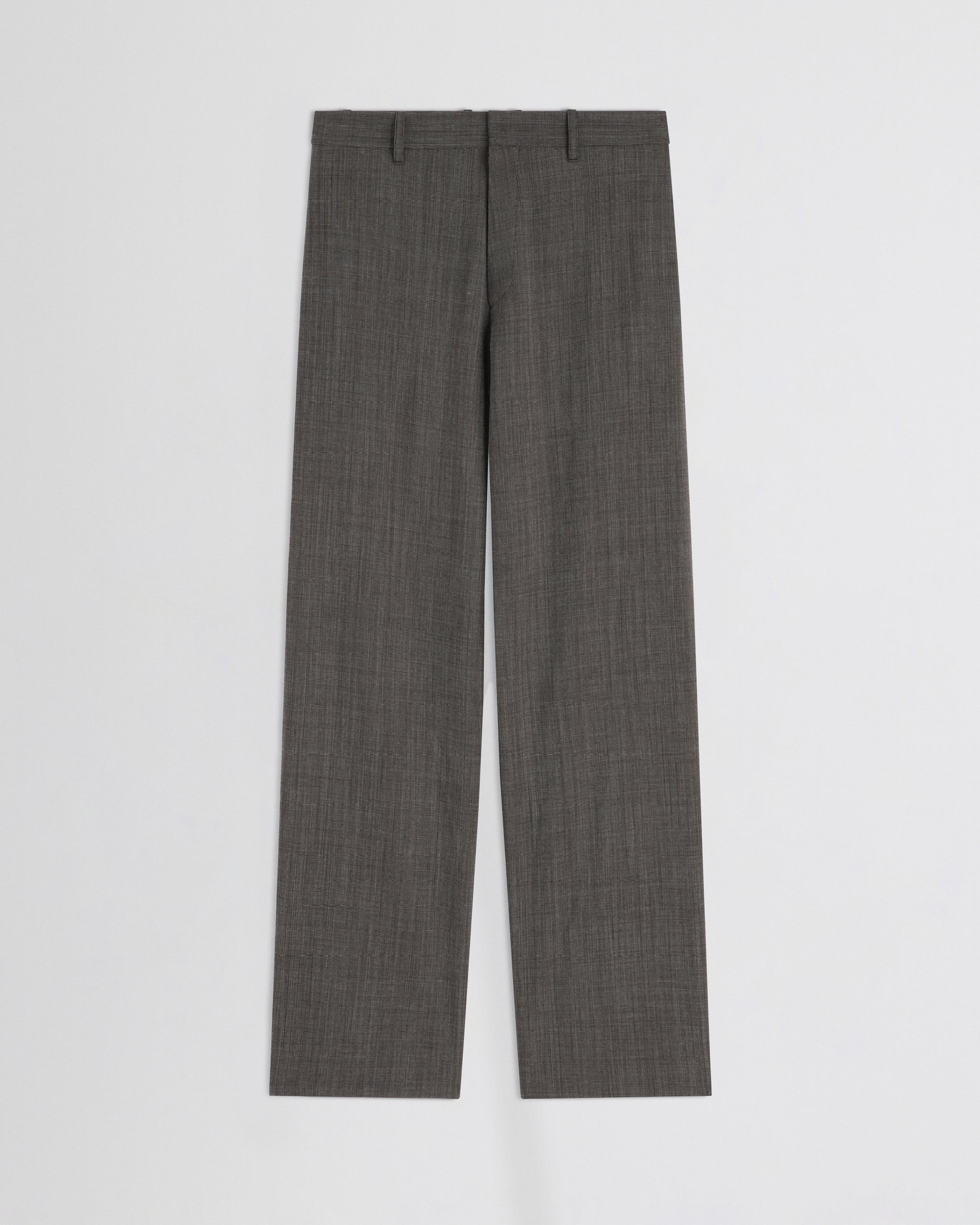 Flat front view of Split Zip Trousers in white dark brown wool