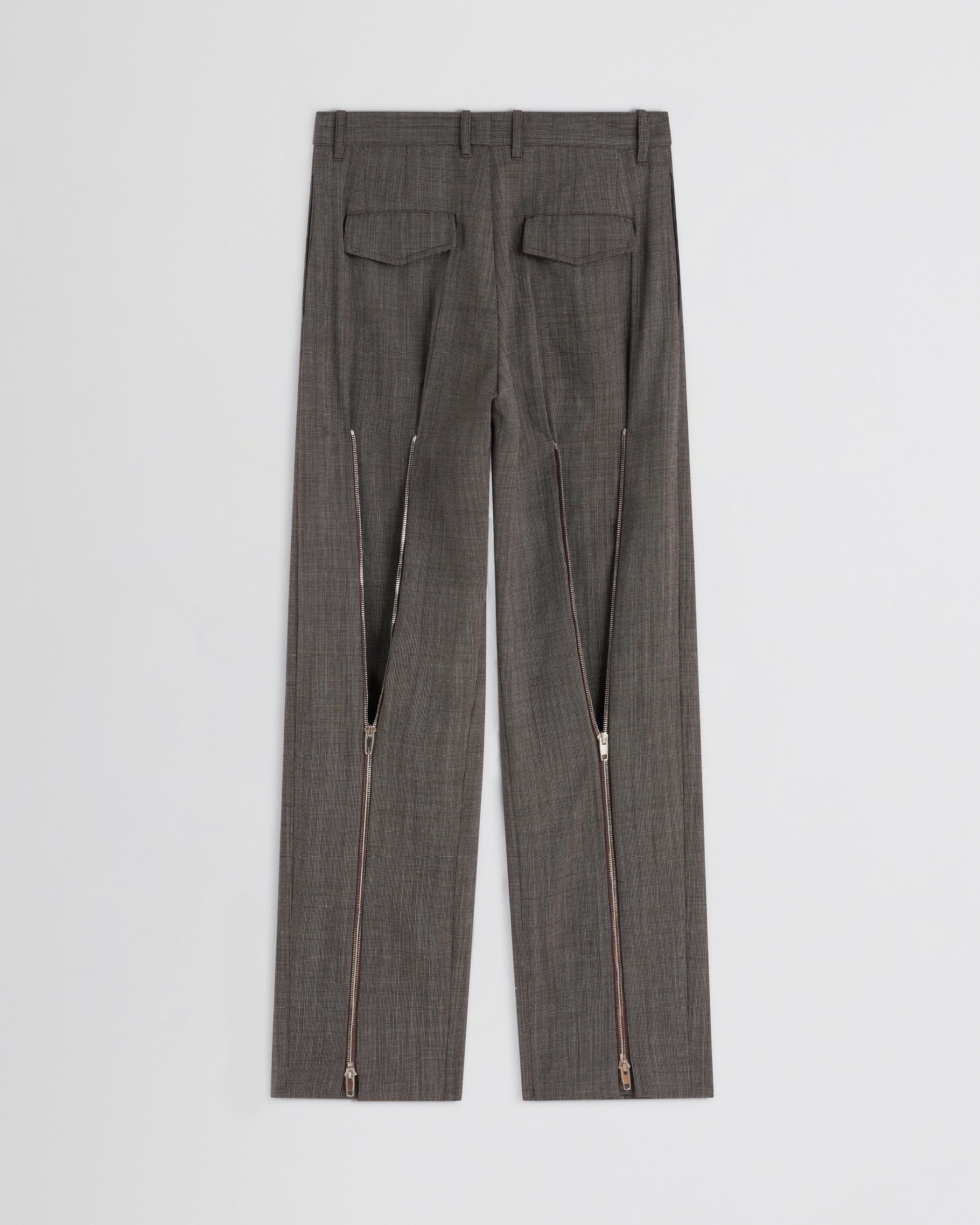 Flat back view of Split Zip Trousers in white dark brown wool