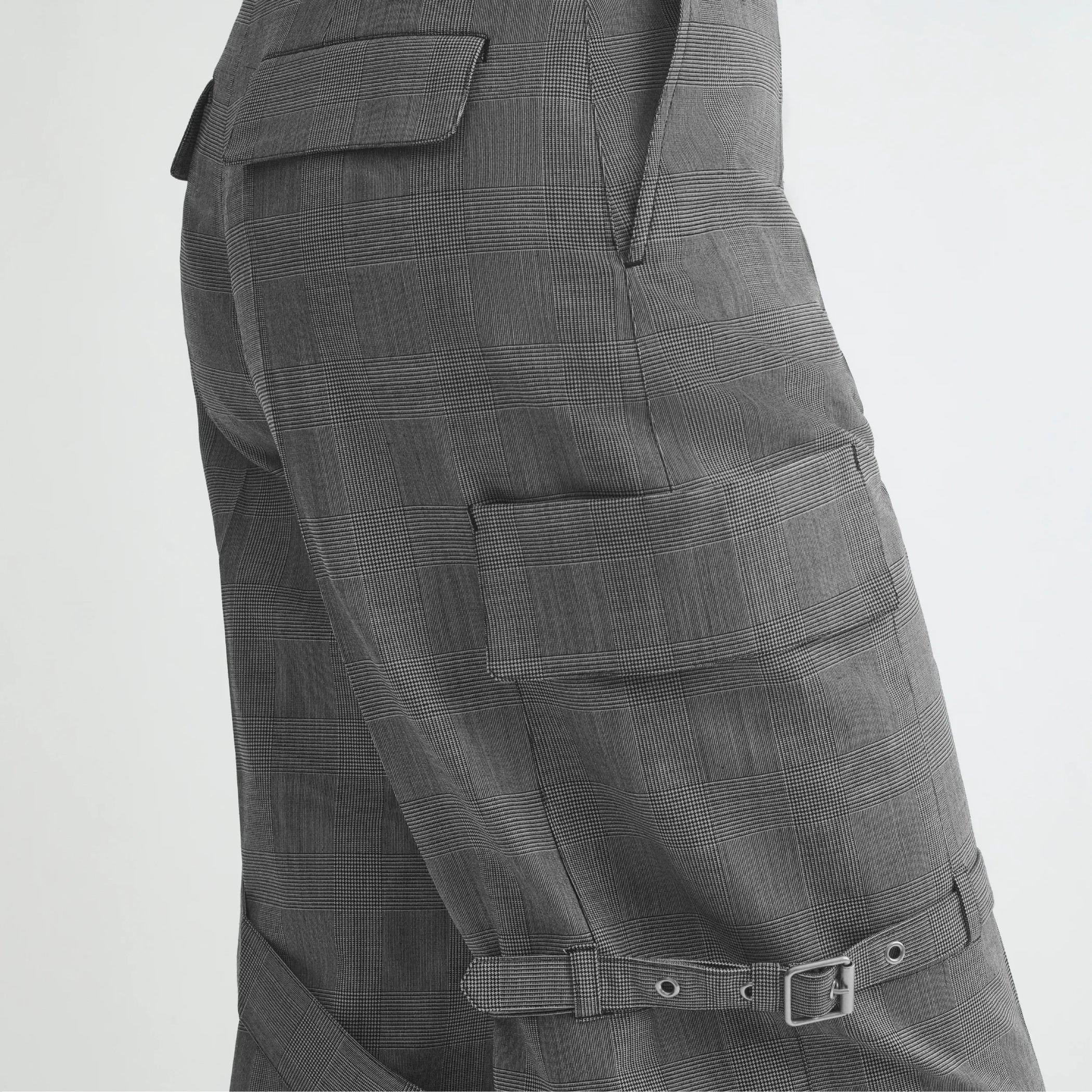 Close up detail view of zip cargo trouser in anthracite wool