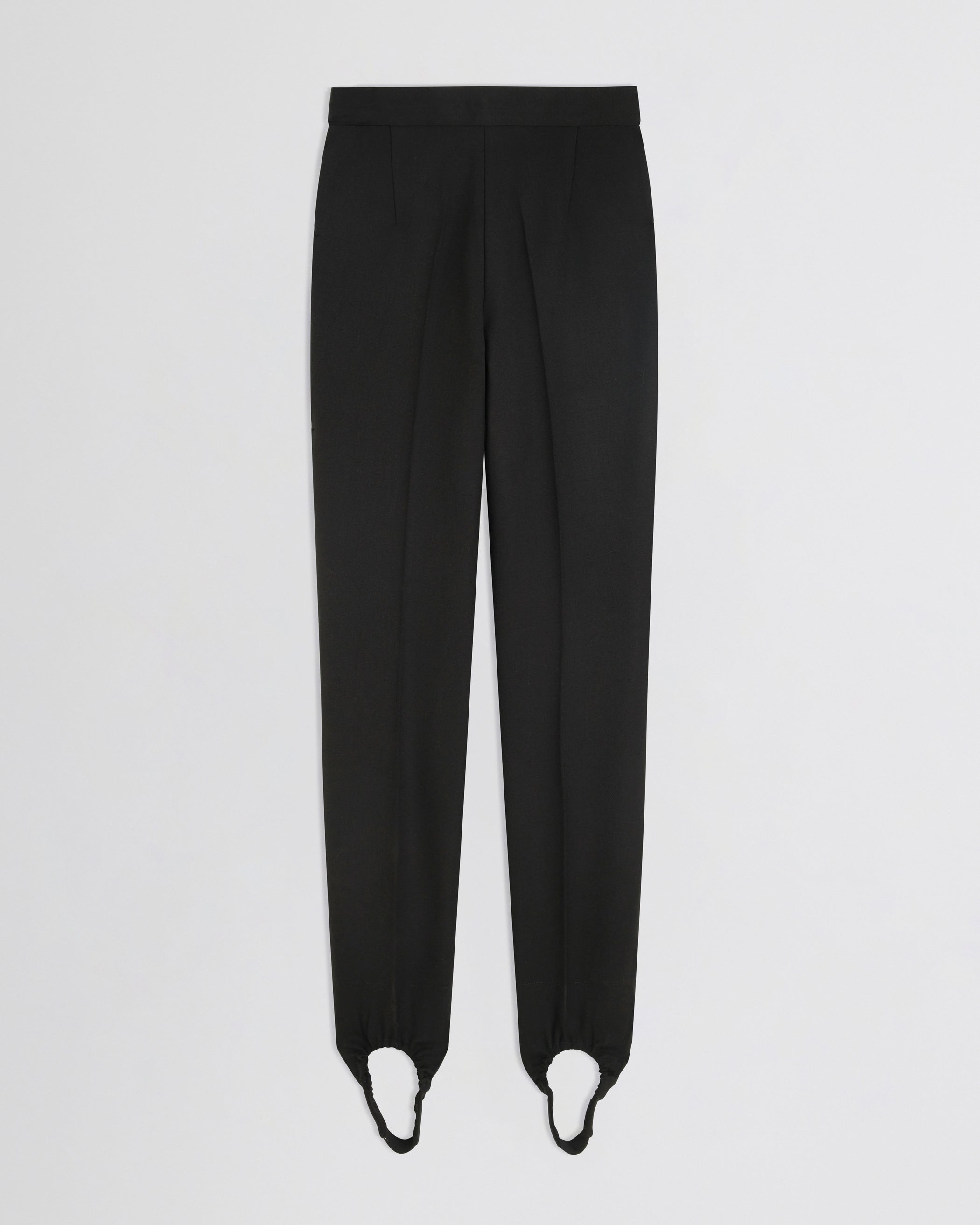 Flat front view of Stirrup Trousers in black wool
