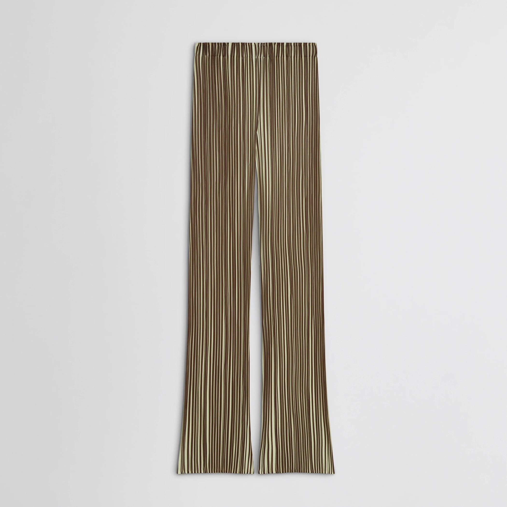 Flat front view of razor pleat trousers in khaki polyester.