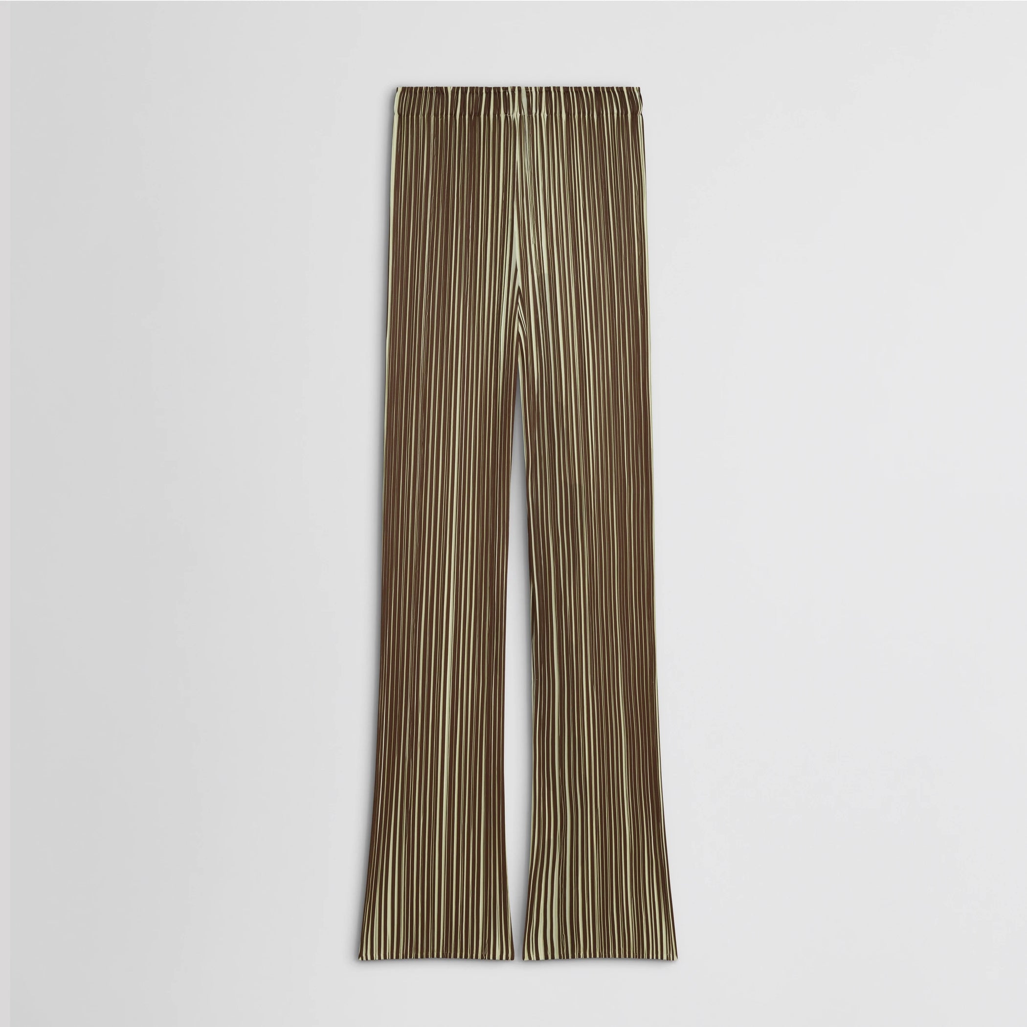 Flat back view of razor pleat trousers in khaki polyester.