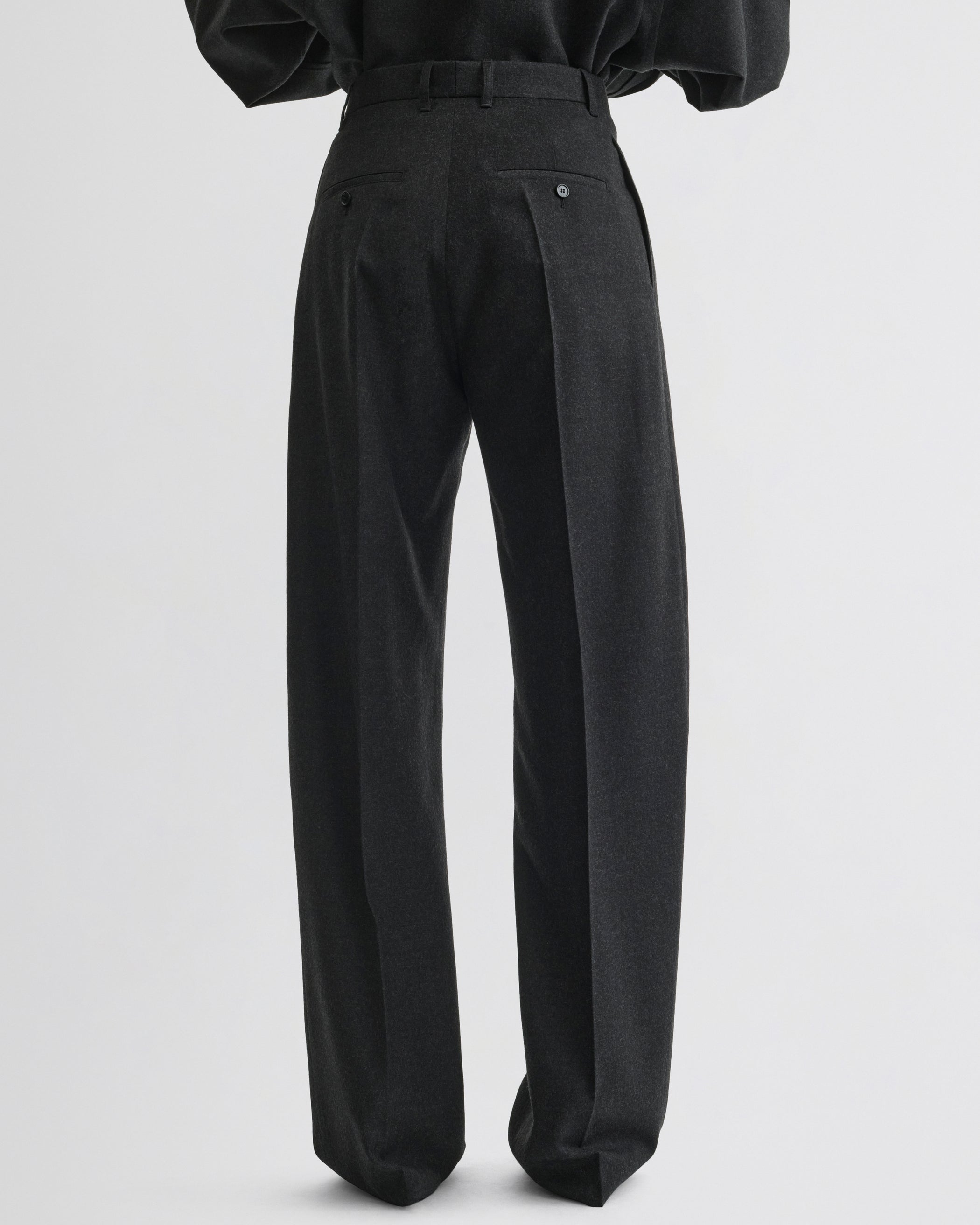 Back view of Double Pleat Trousers in charcoal wool