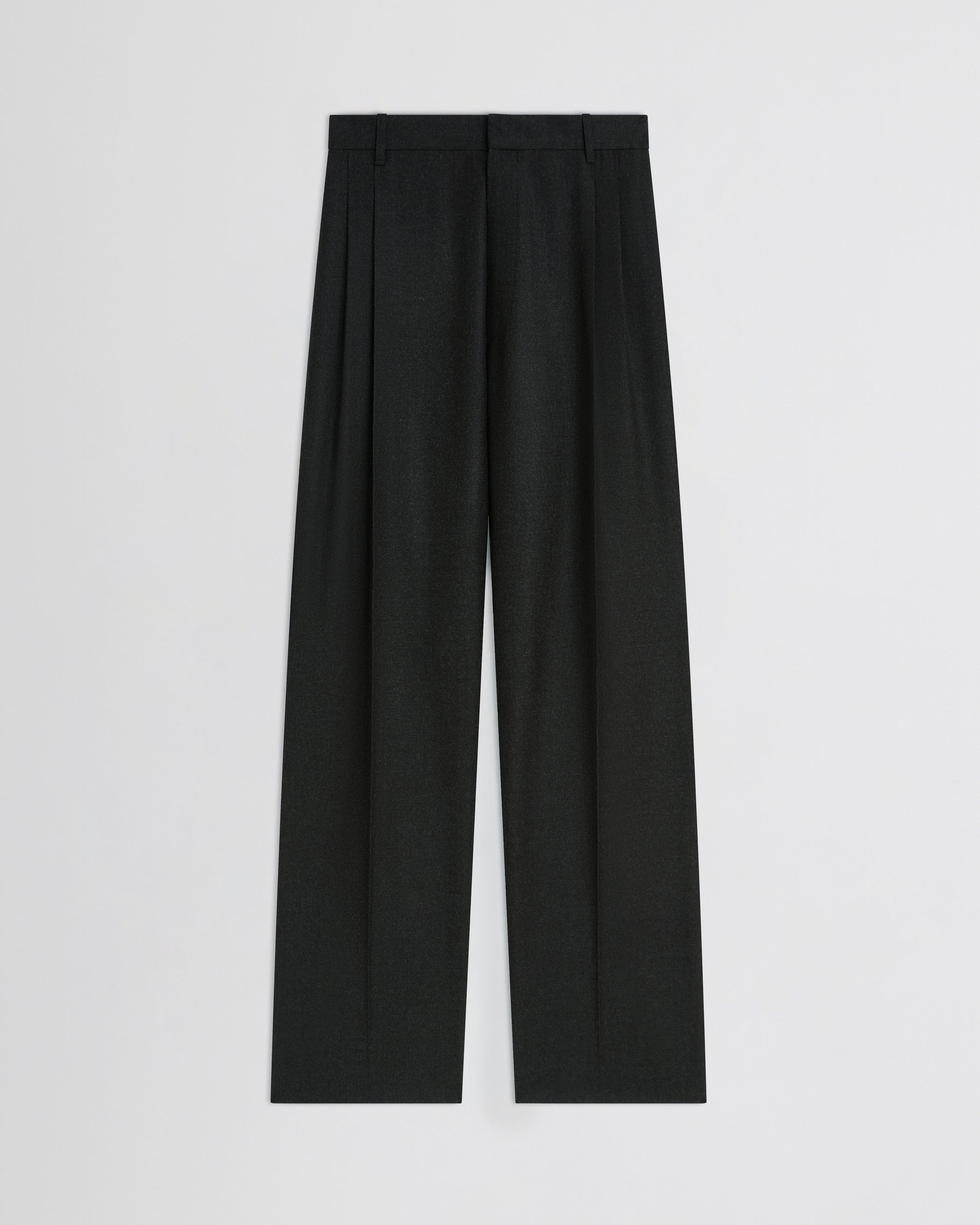 Flat front view of Double Pleat Trousers in charcoal wool