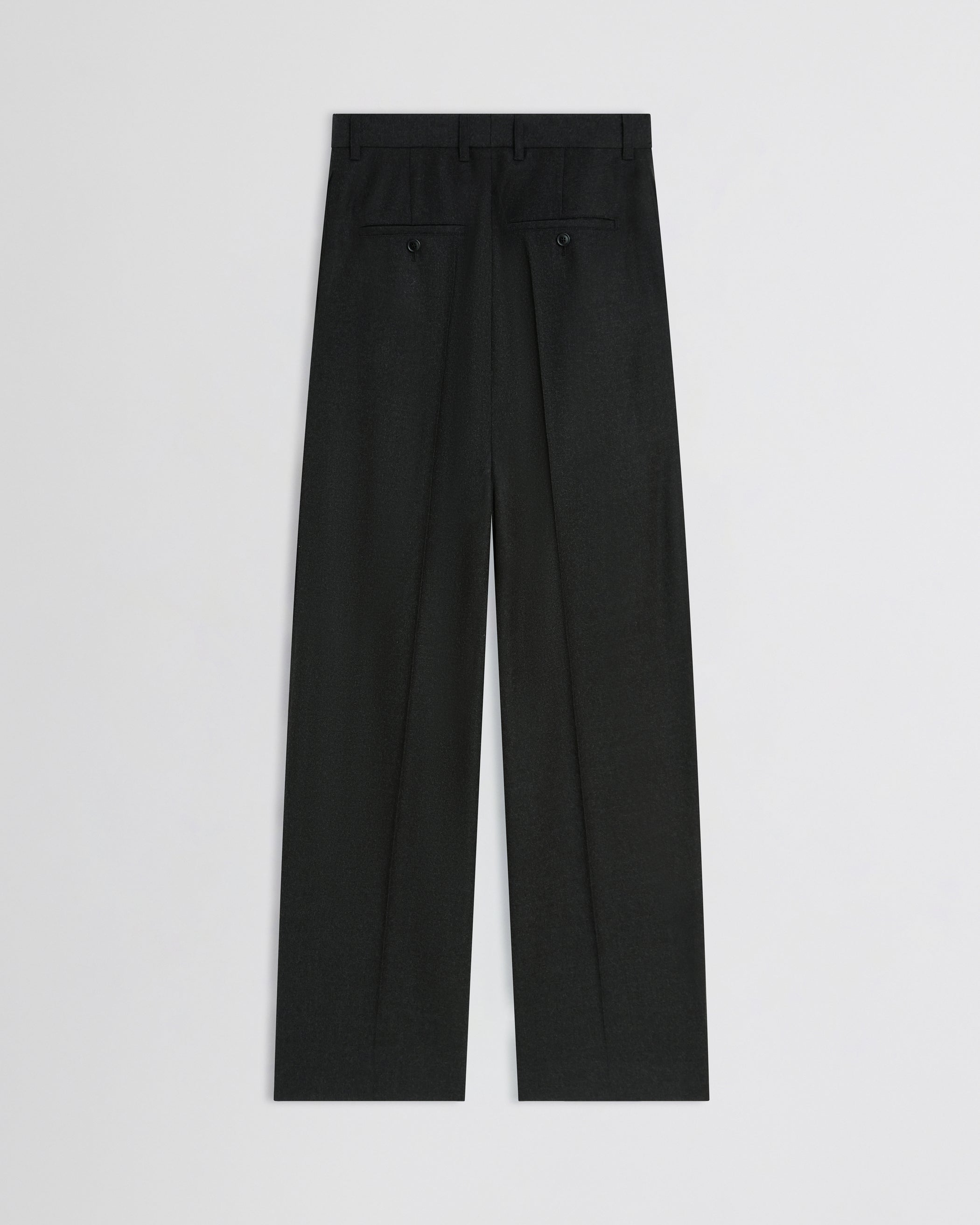 Flat back view of Double Pleat Trousers in charcoal wool