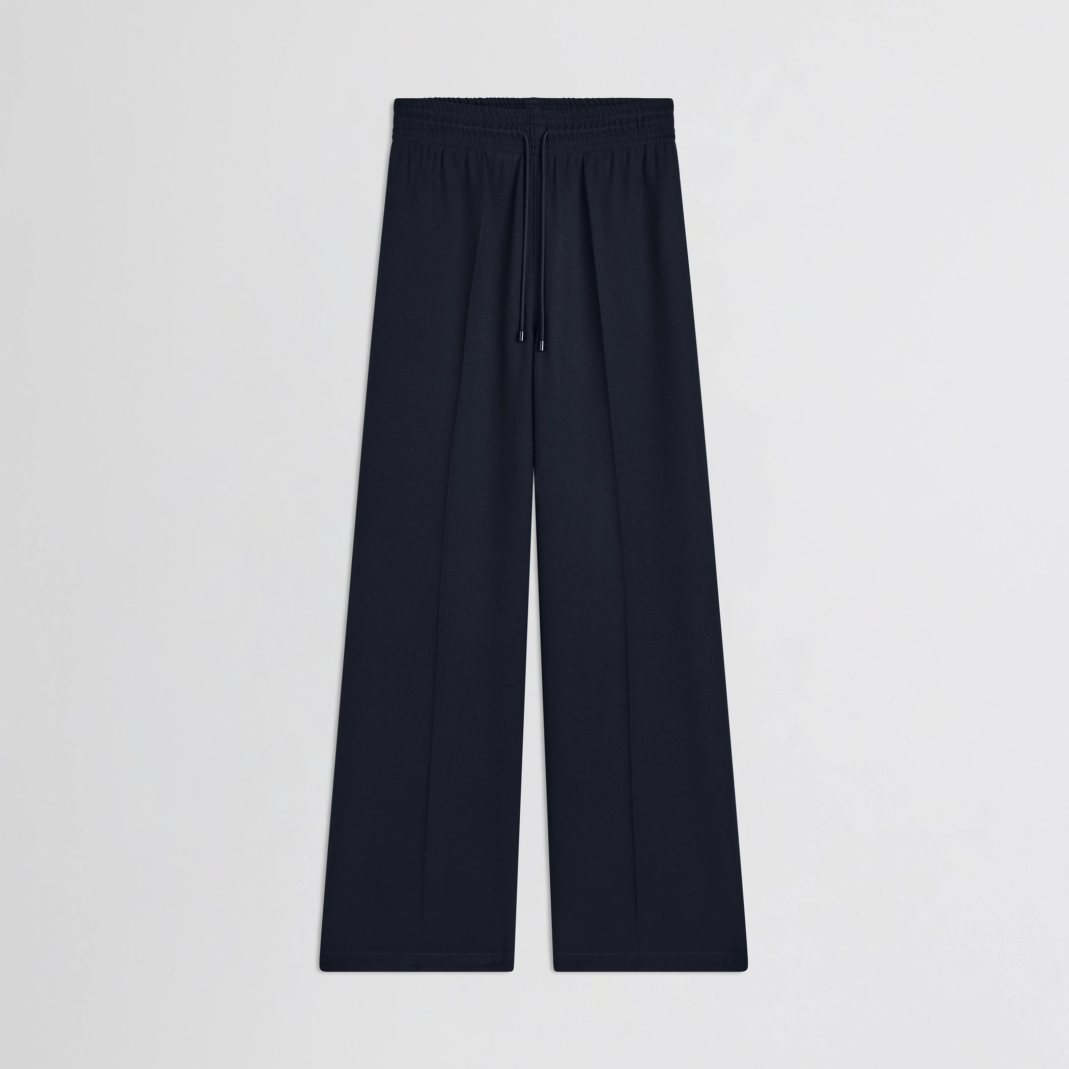 Flat front view of track trousers in navy polyester.