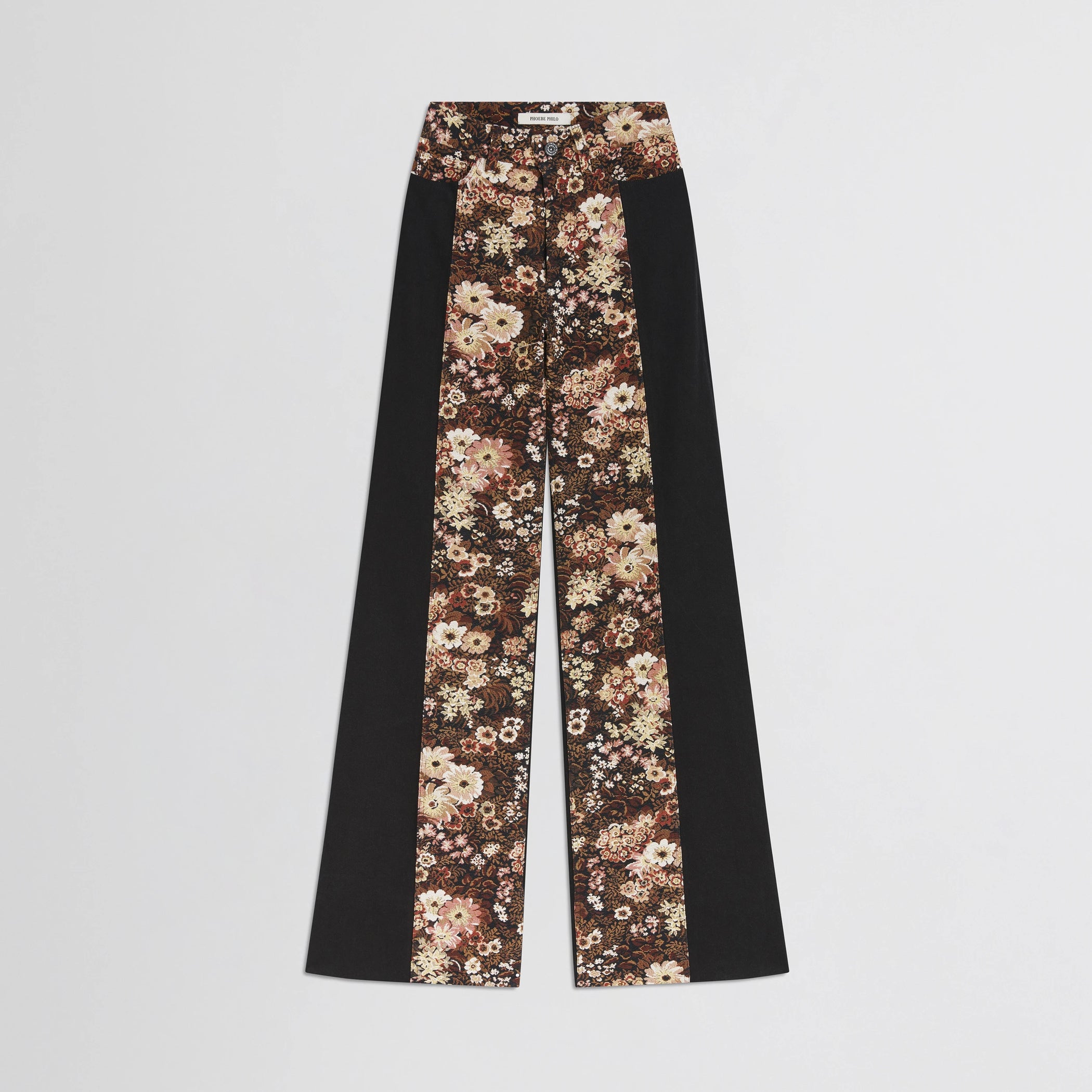 Flat front view of tapestry trousers in black cotton.
