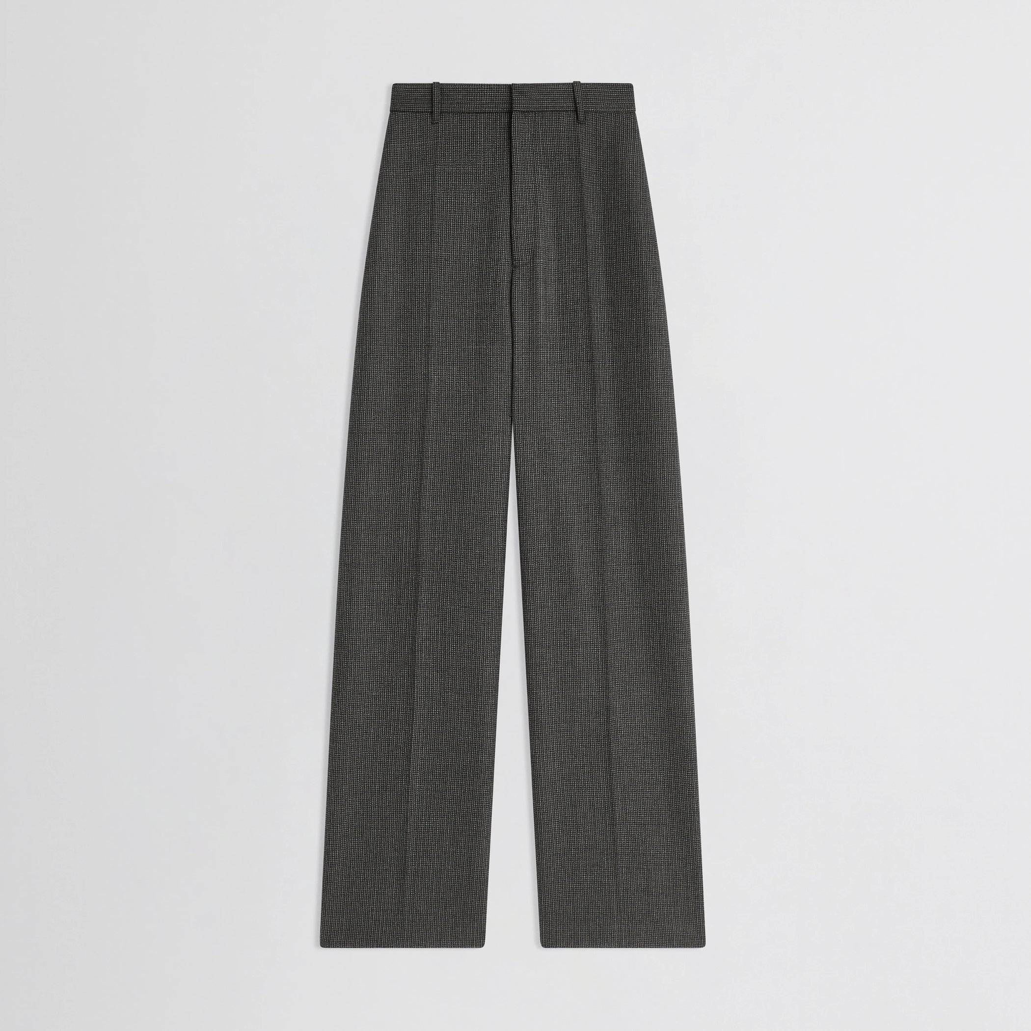 Flat front view of zip trousers in green bronze wool.