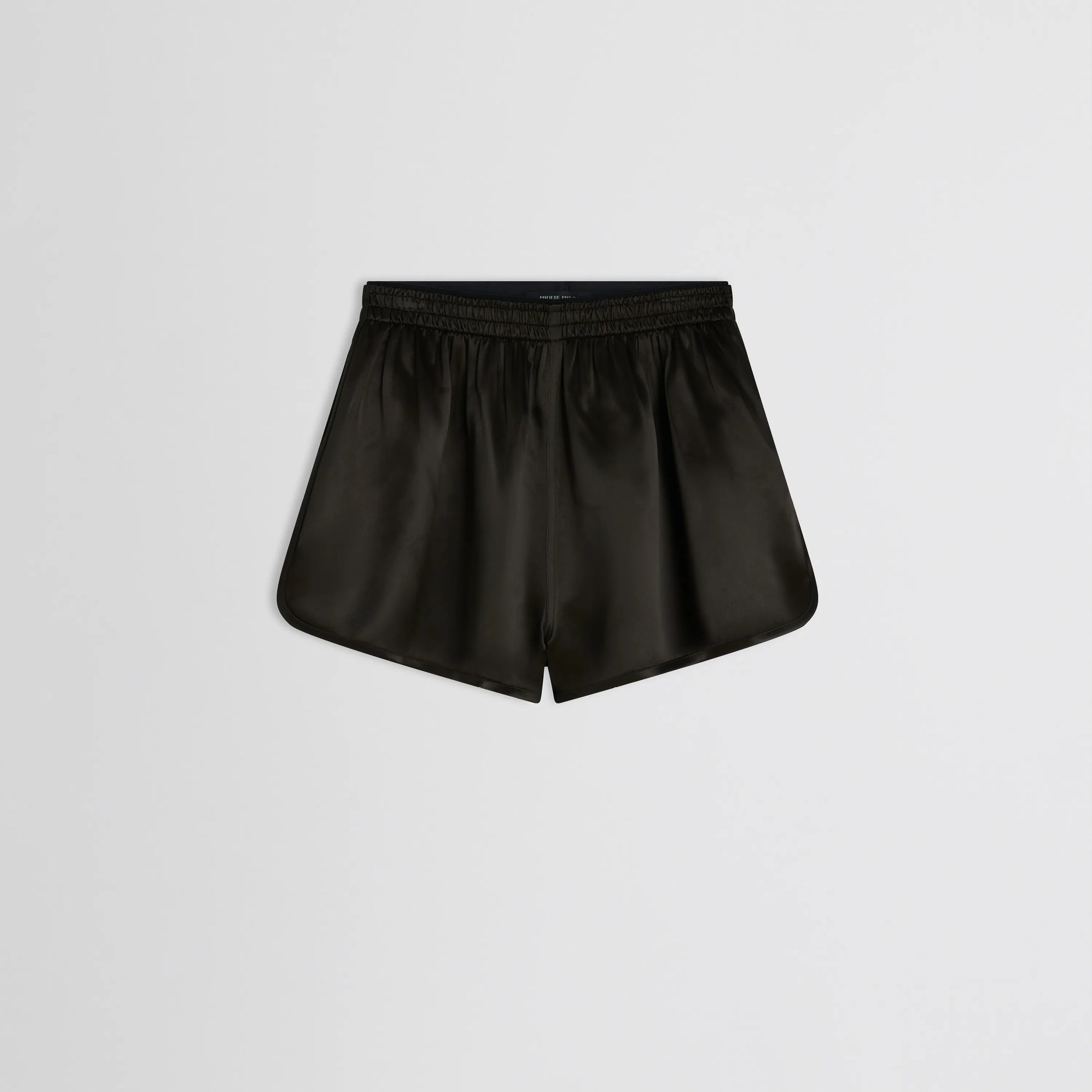 Flat front view of track shorts in dark khaki satin viscose 