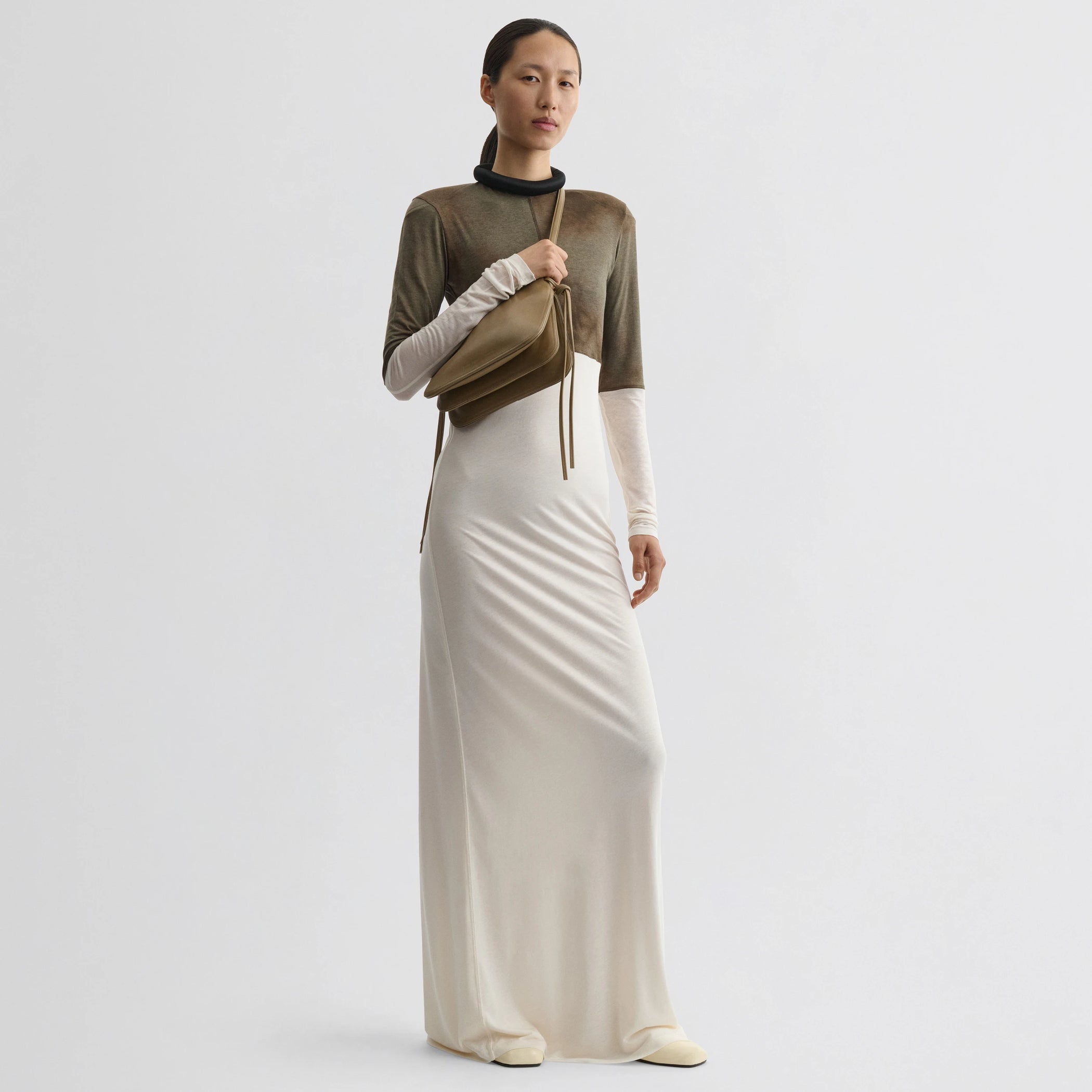 Front view of model wearing tubular liner dress in tobacco ivory cotton.