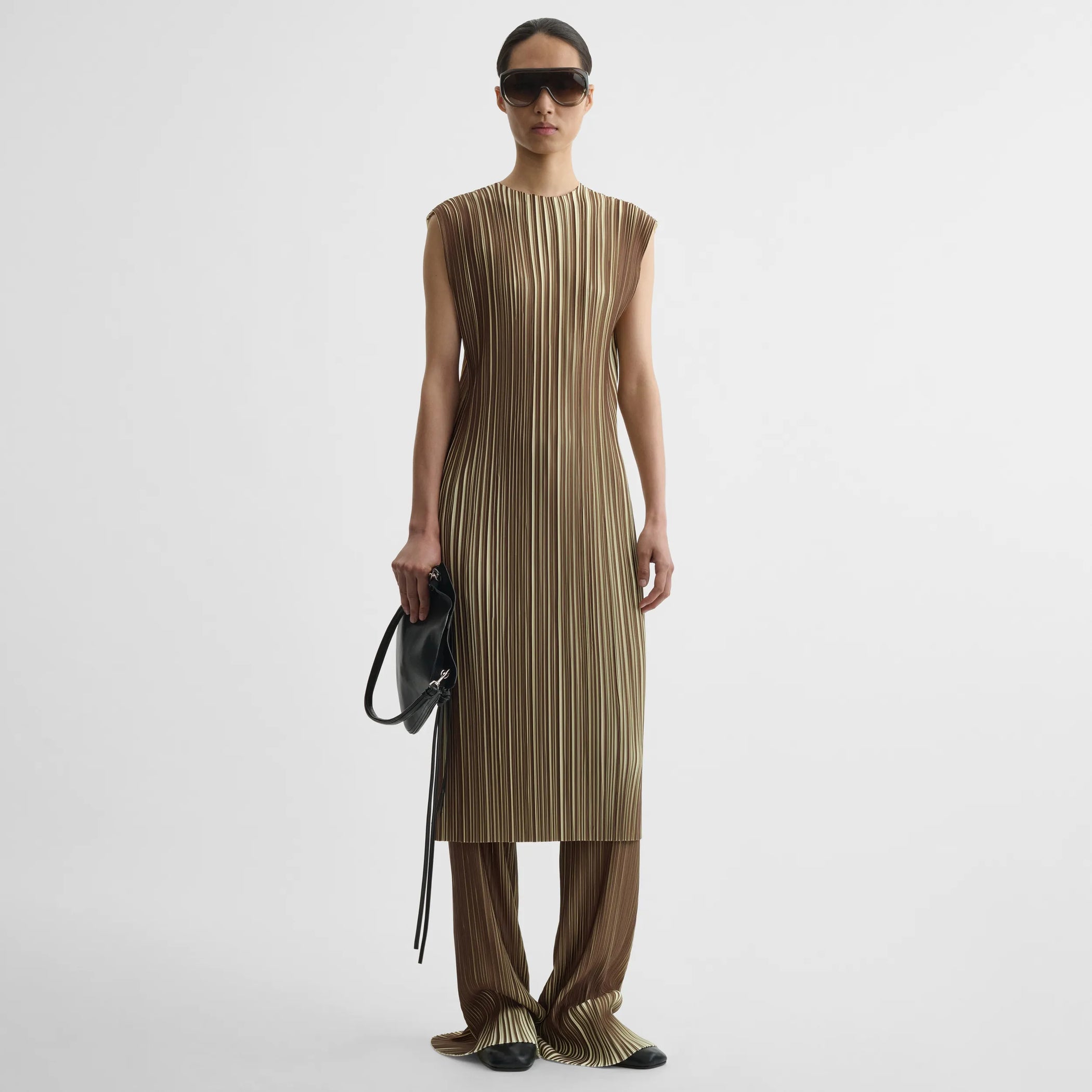 Front view of razor pleat dress in khaki cotton
