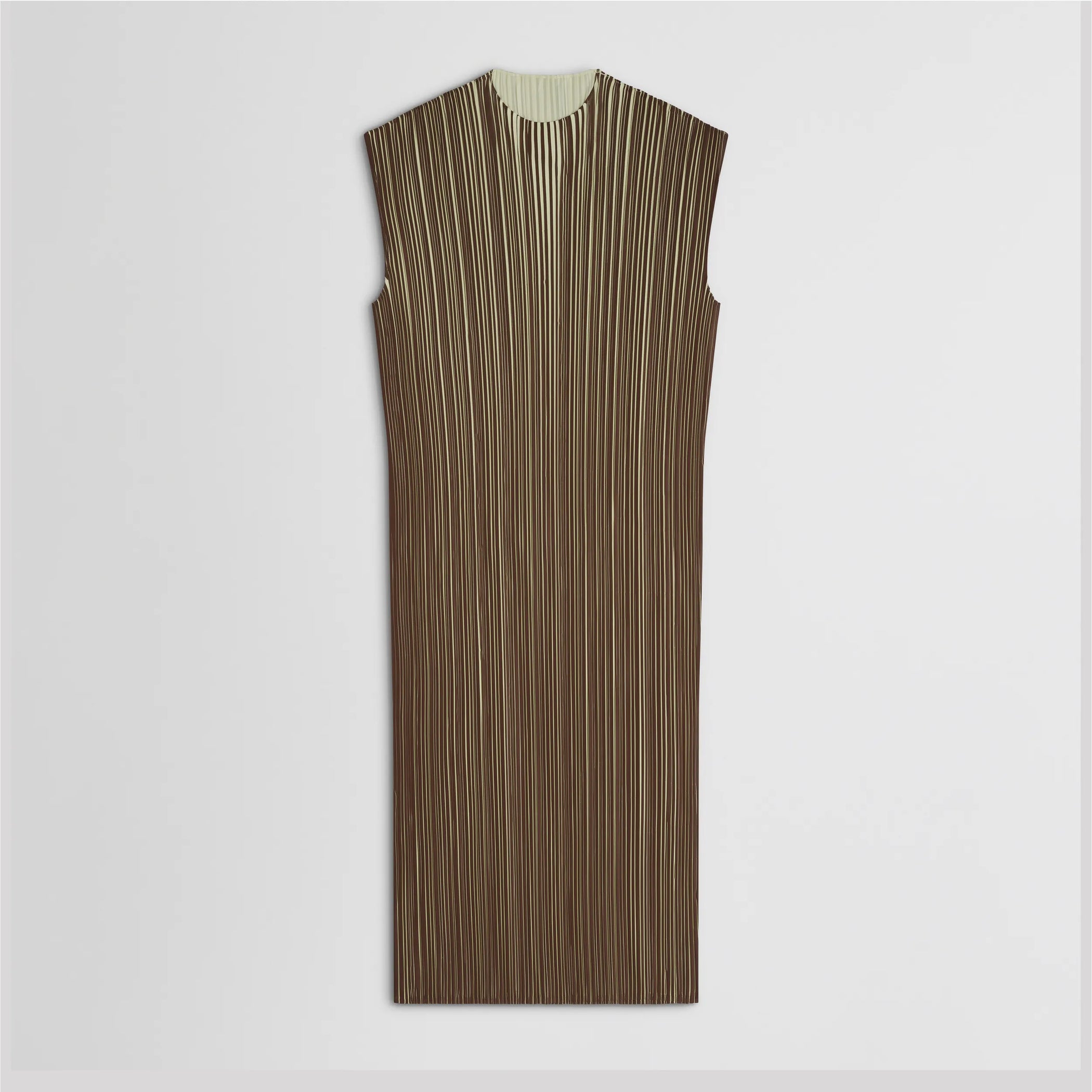 Flat front view of razor pleat dress in khaki cotton