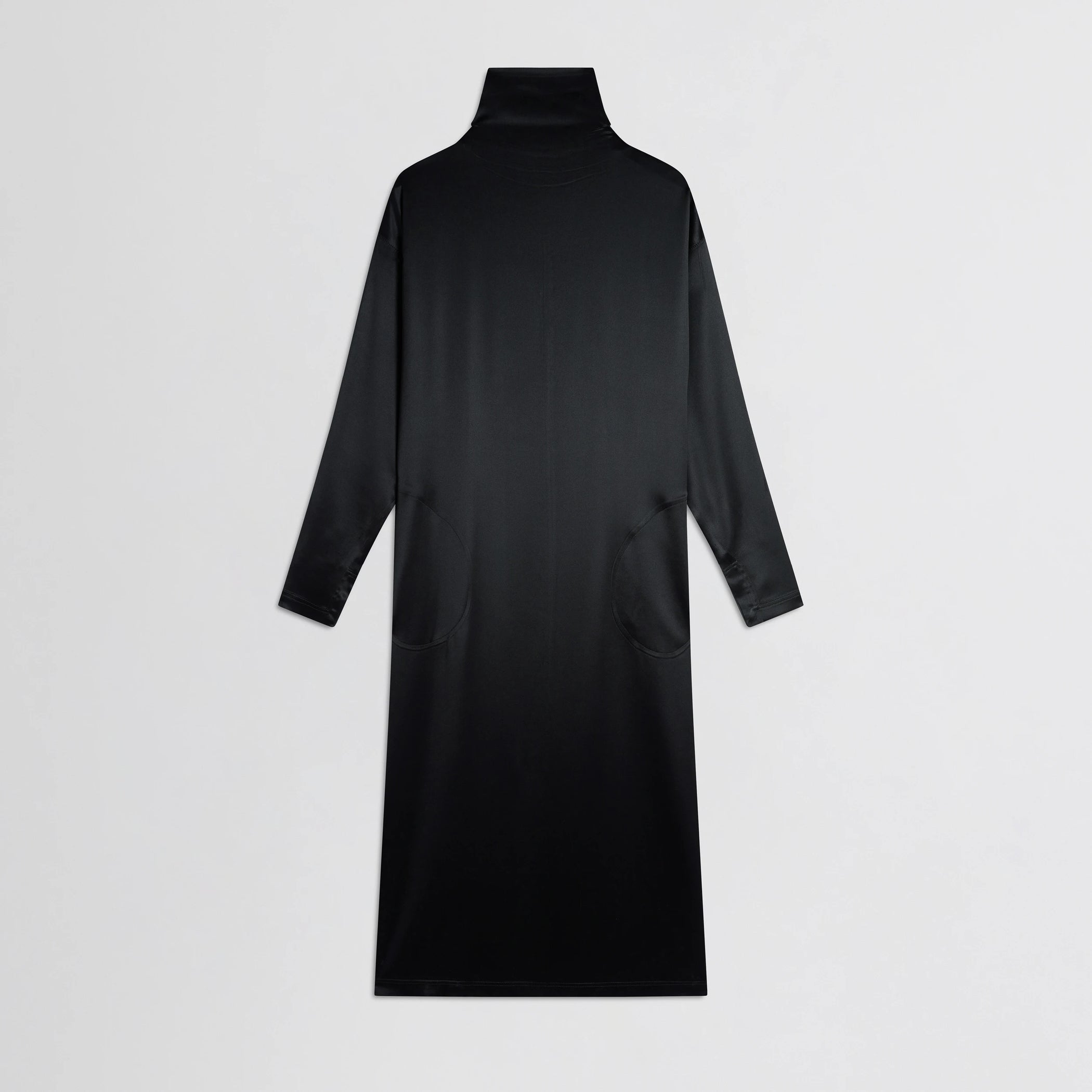 Flat front view of liquid high neck dress in black silk.