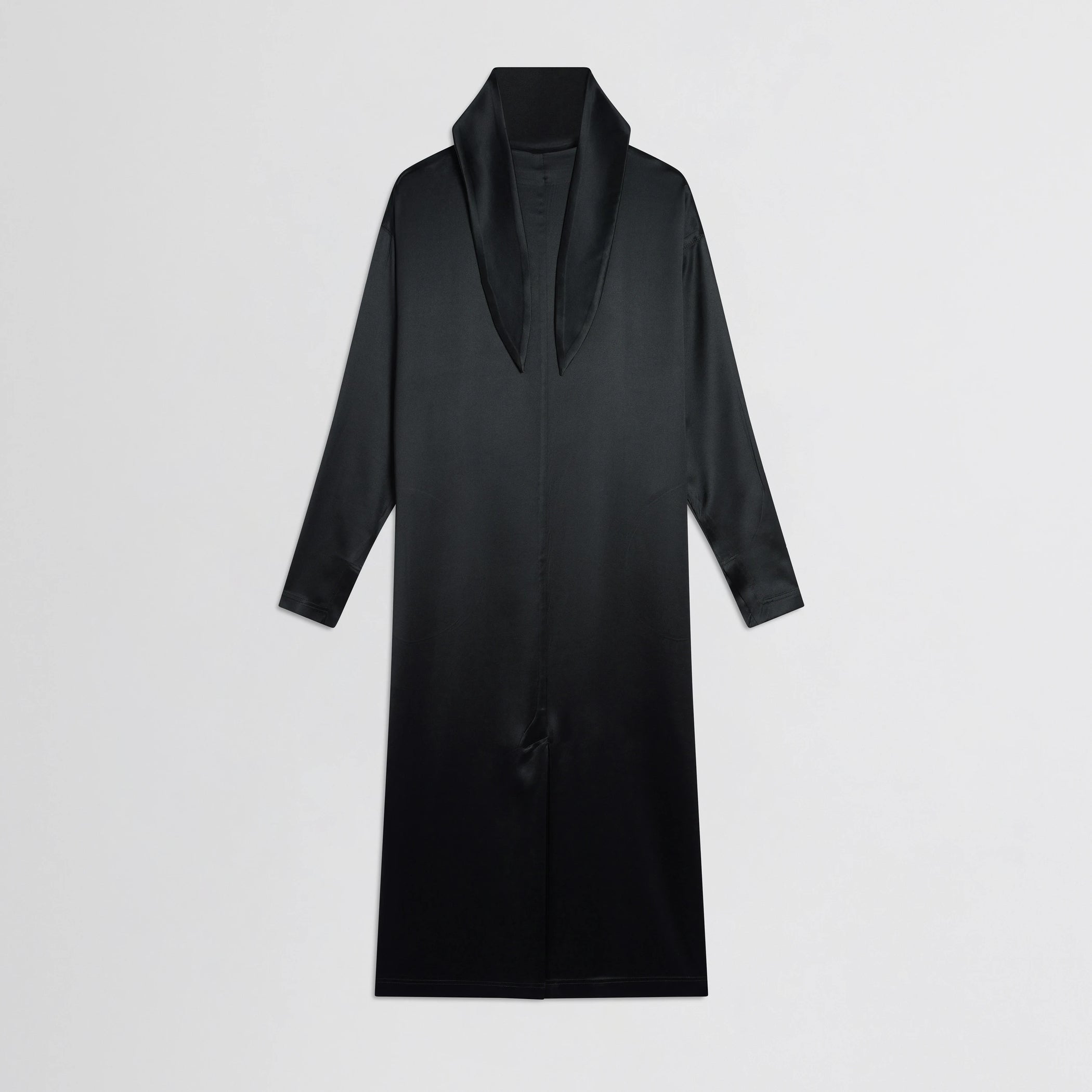 Flat back view of liquid high neck dress in black silk.