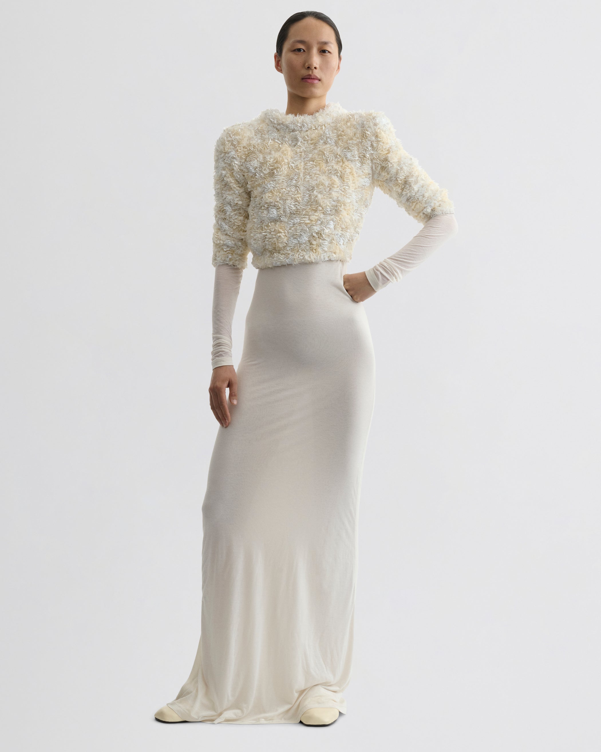 Front view of model wearing CLUSTERED SEQUIN DRESS in ivory jersey