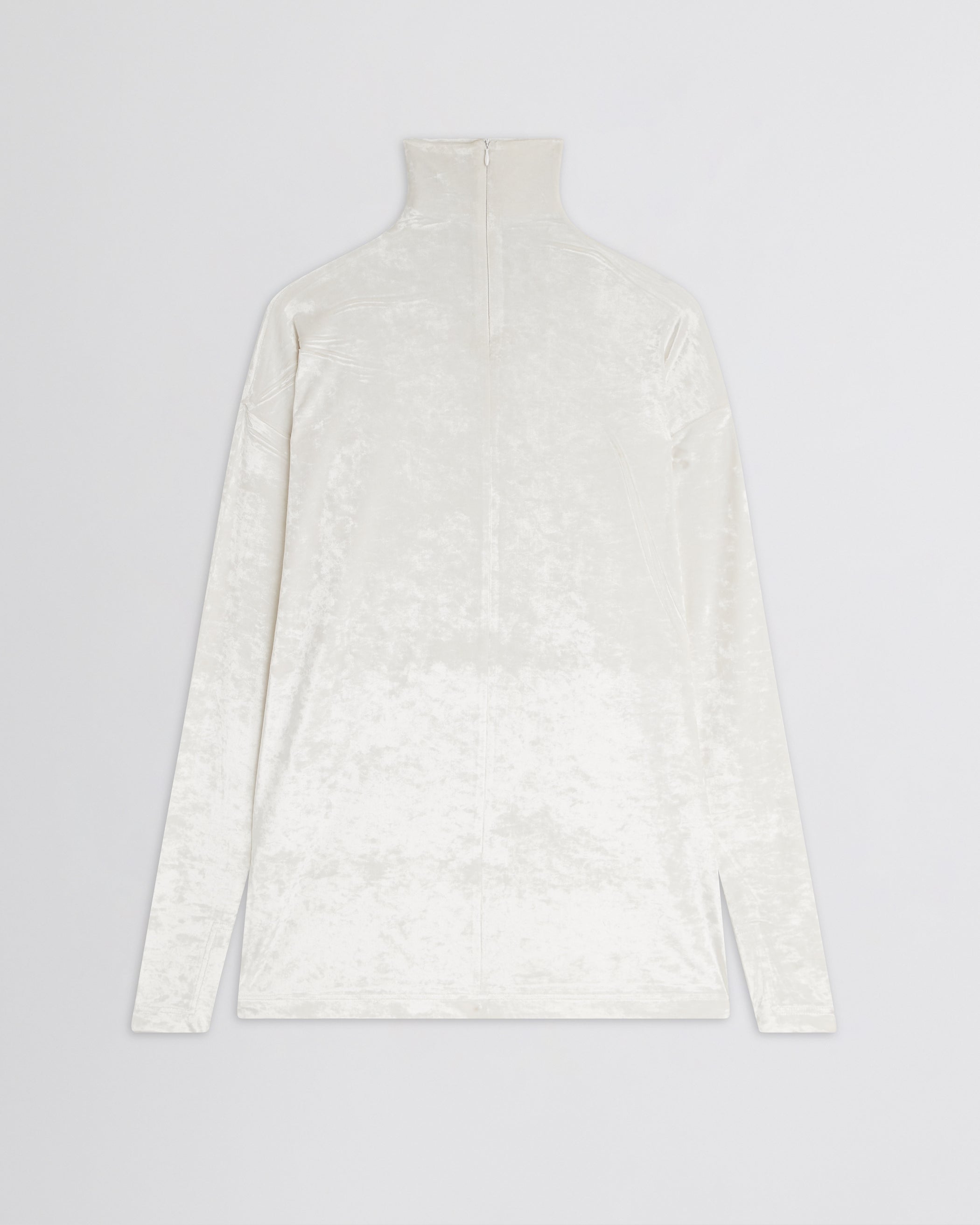 Flat back view of LIQUID HIGH NECK TOP in white crushed velvet